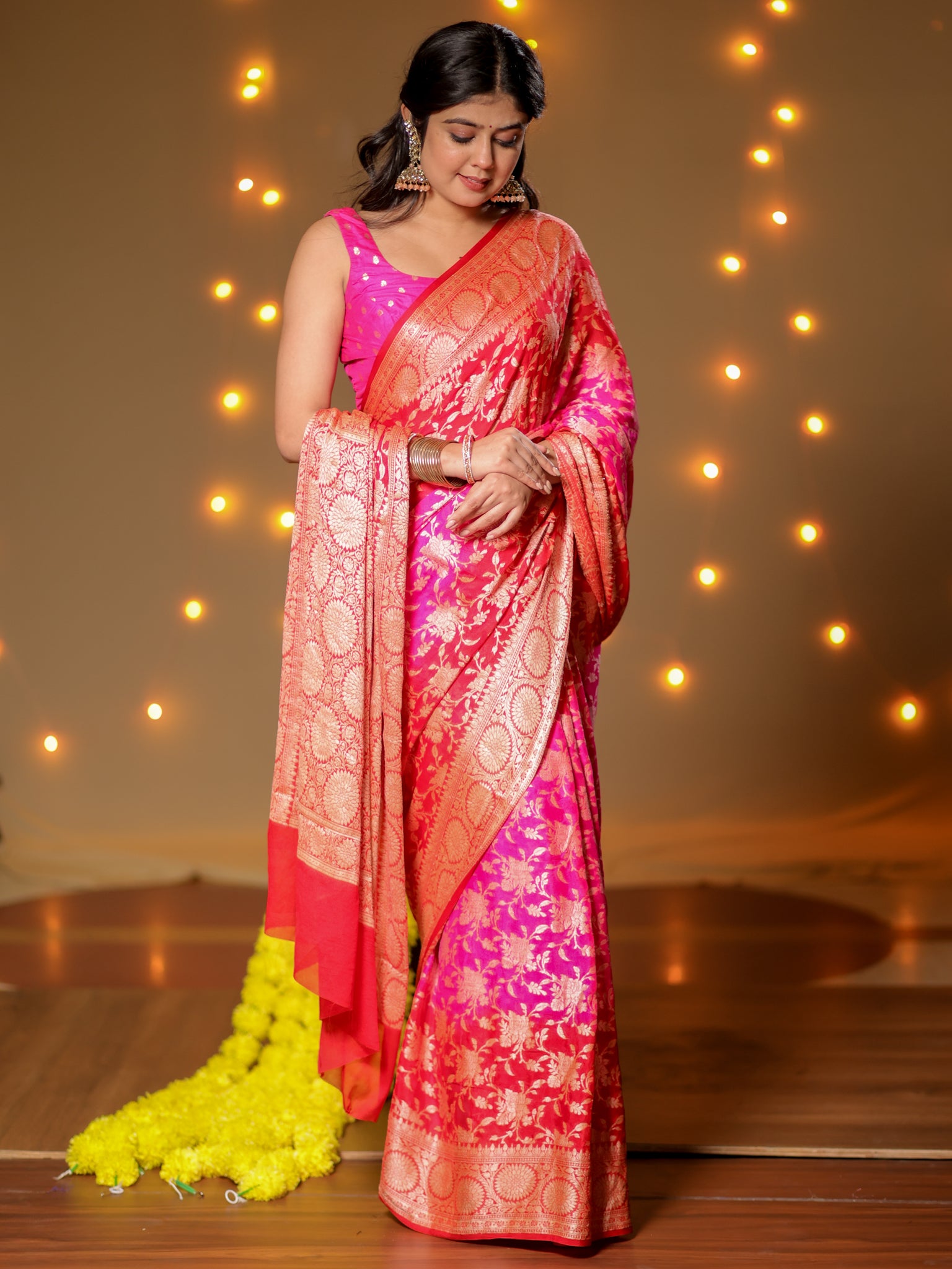 Banarasi Pure Khaddi Georgette Shaded Saree With Zari Weaving- Pink