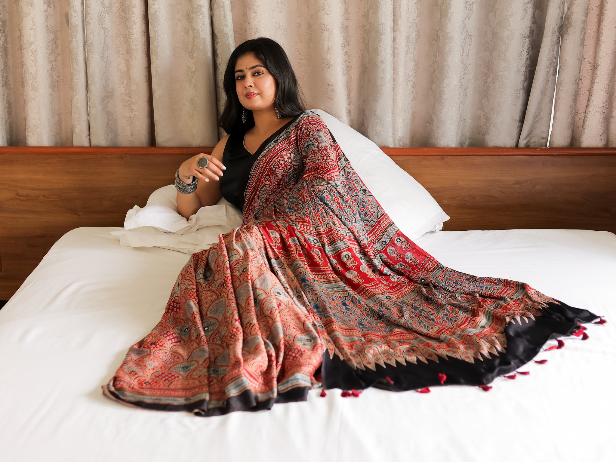 Red Mirror Work Ajrakh Modal Silk Saree