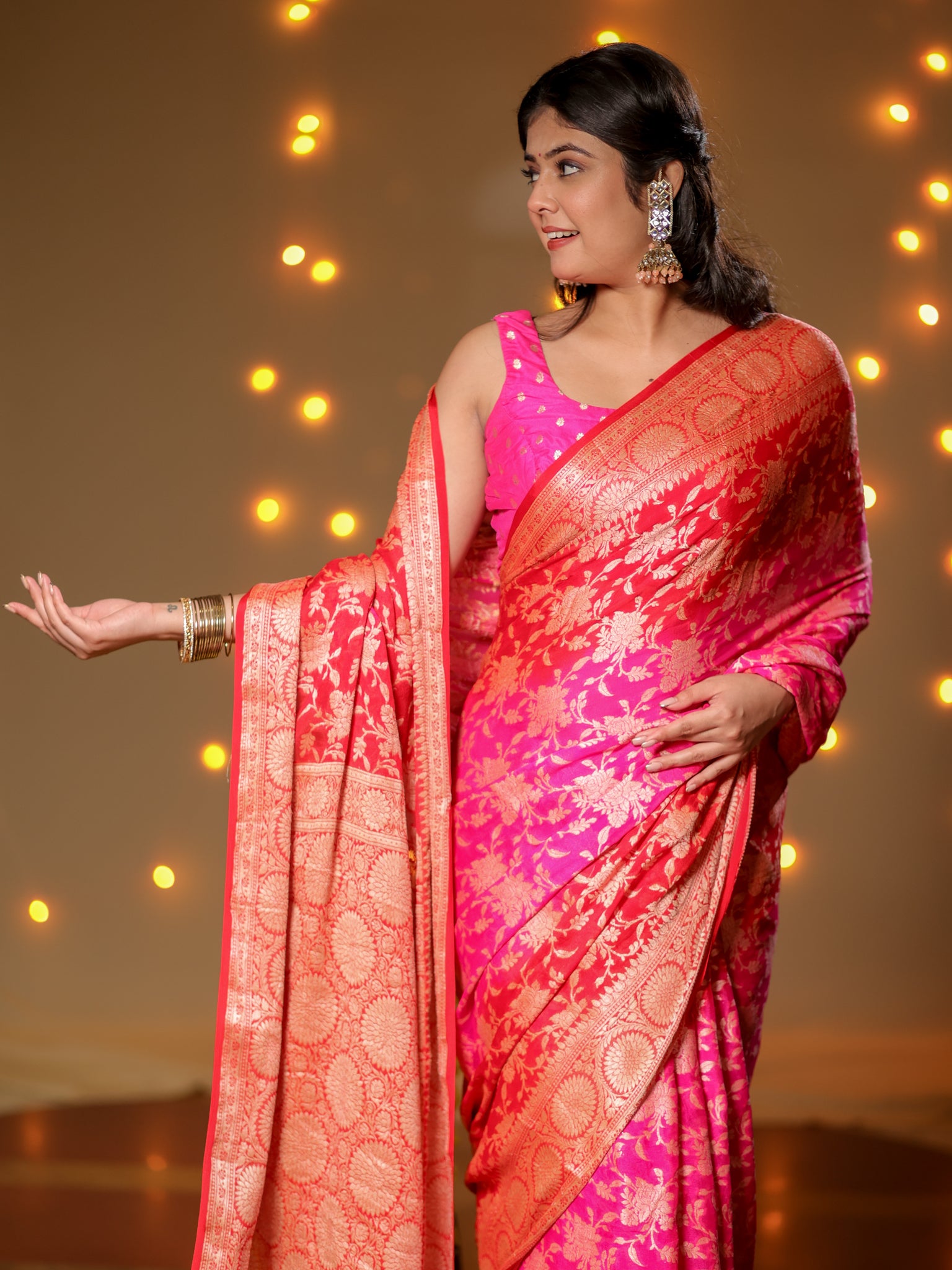 Banarasi Pure Khaddi Georgette Shaded Saree With Zari Weaving- Pink