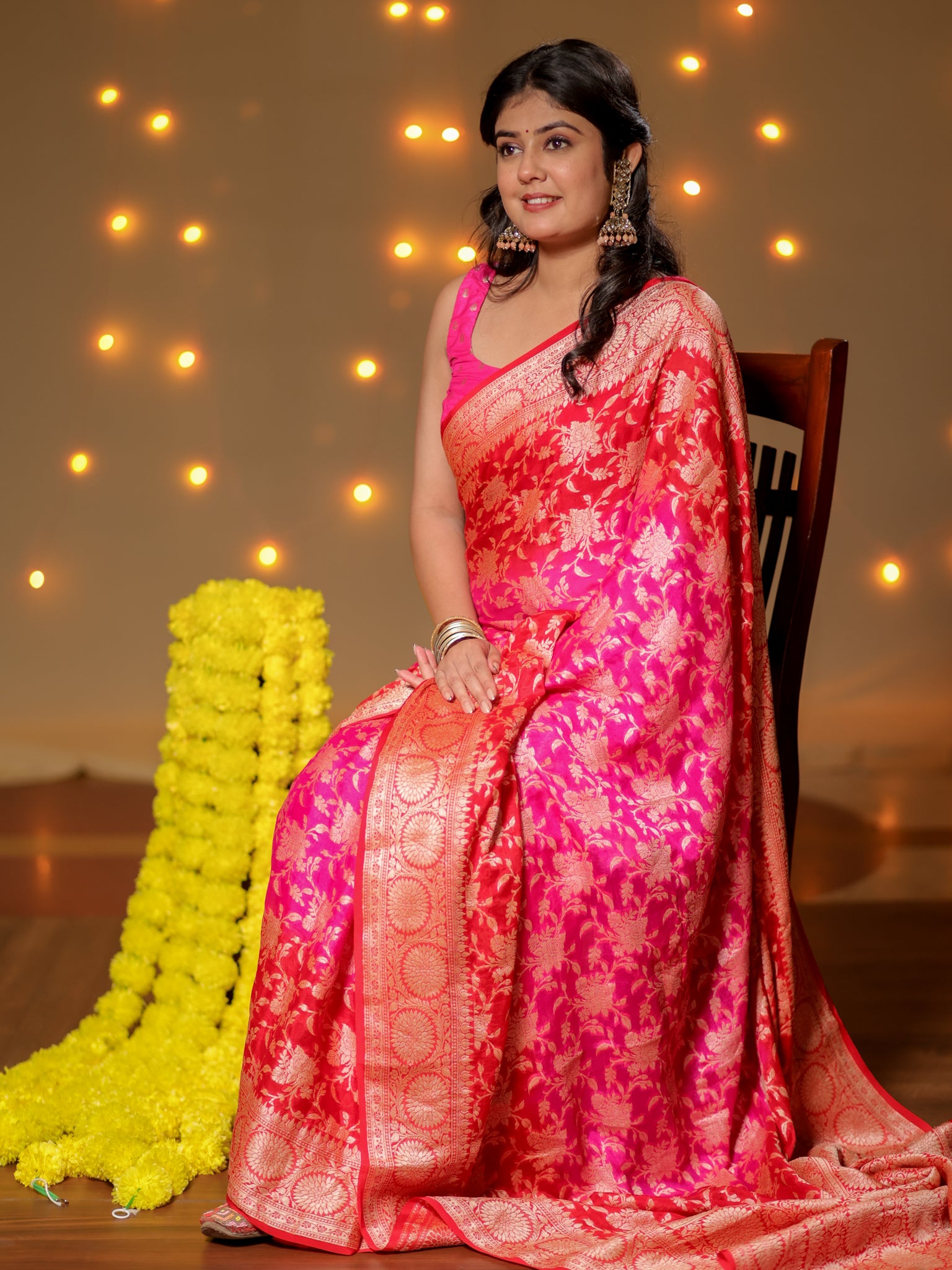 Banarasi Pure Khaddi Georgette Shaded Saree With Zari Weaving- Pink