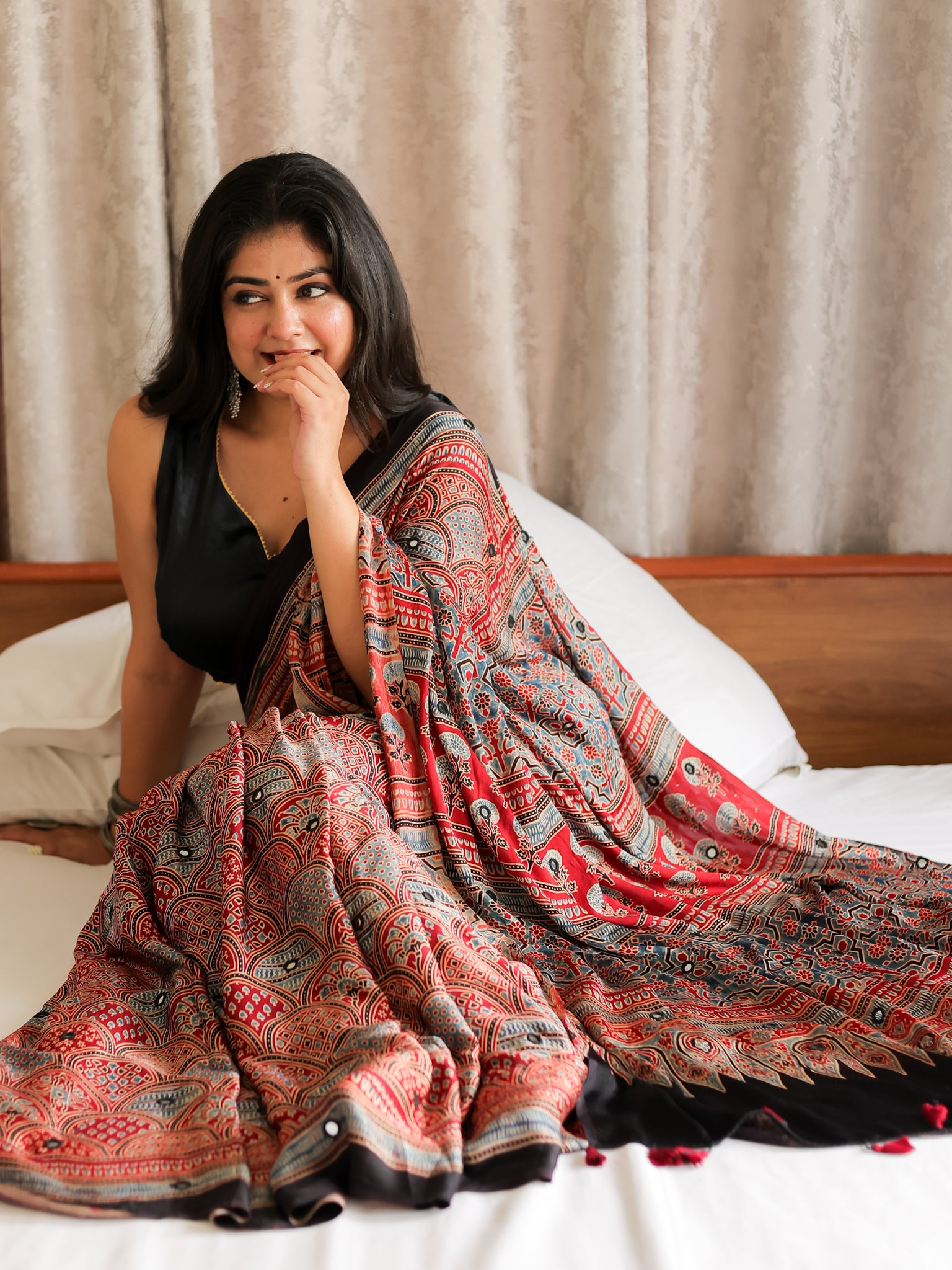 Red Mirror Work Ajrakh Modal Silk Saree