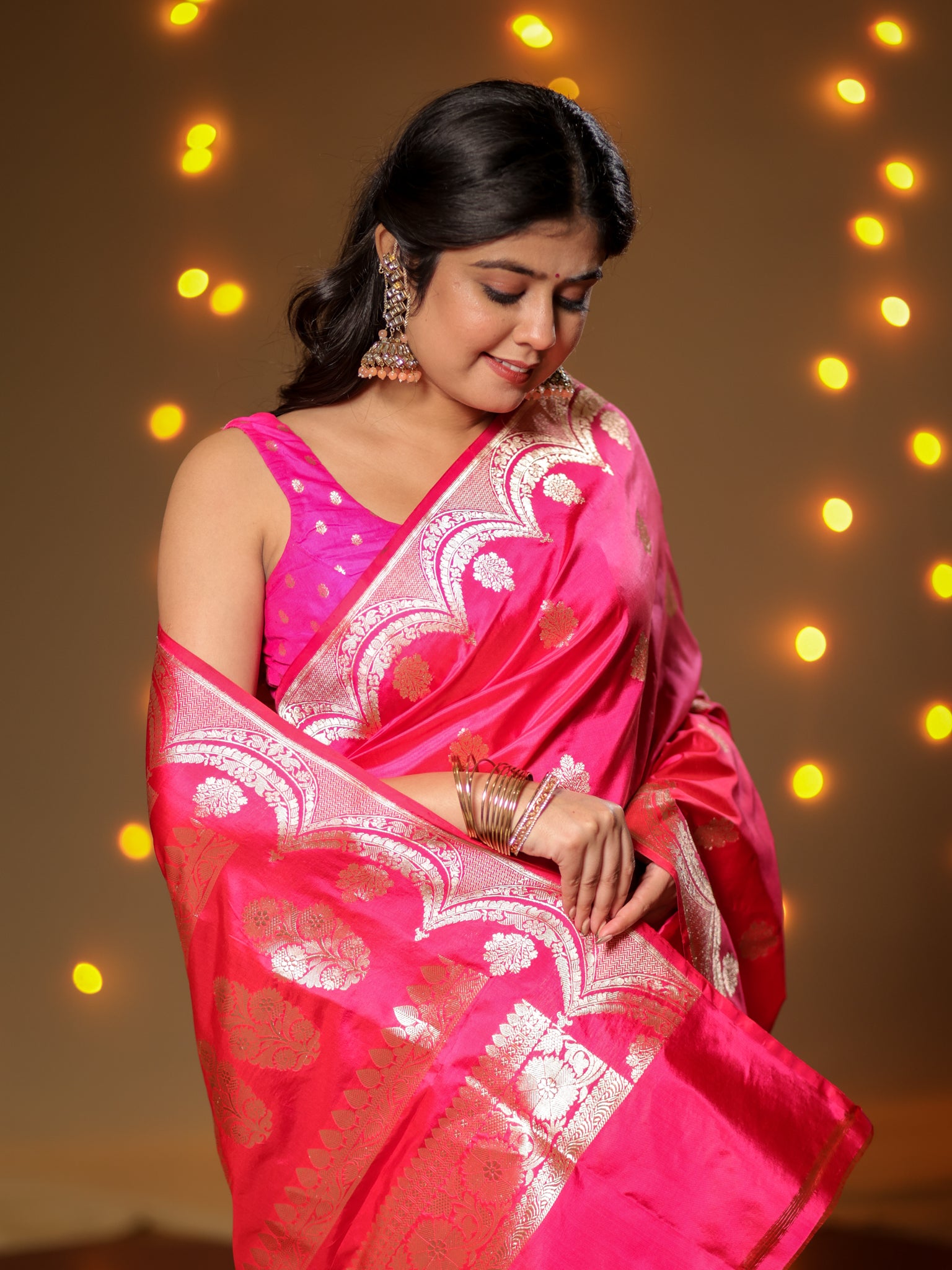Banarasi Pure Katan Saree With Buti & Border- Pink