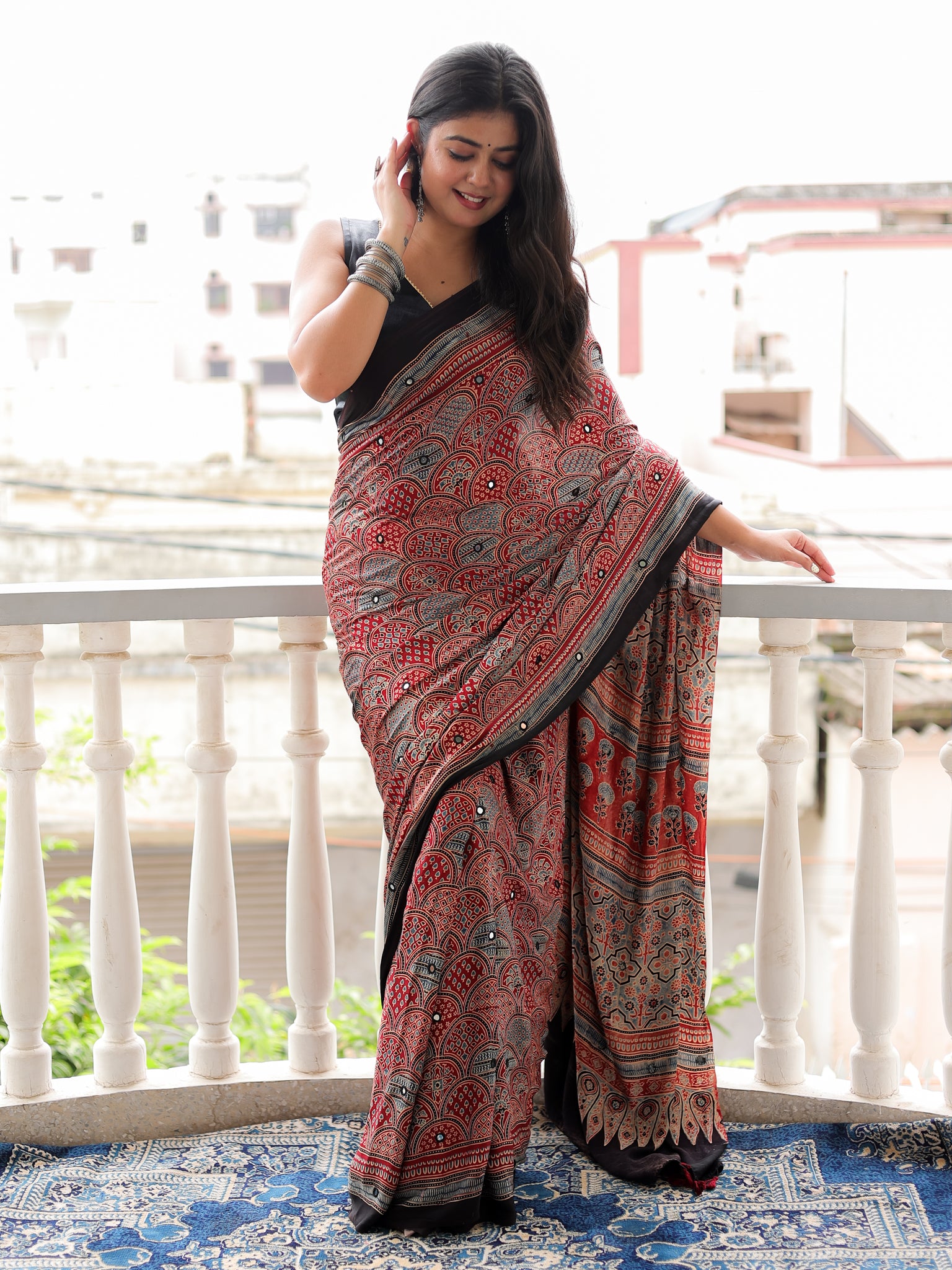 Red Mirror Work Ajrakh Modal Silk Saree