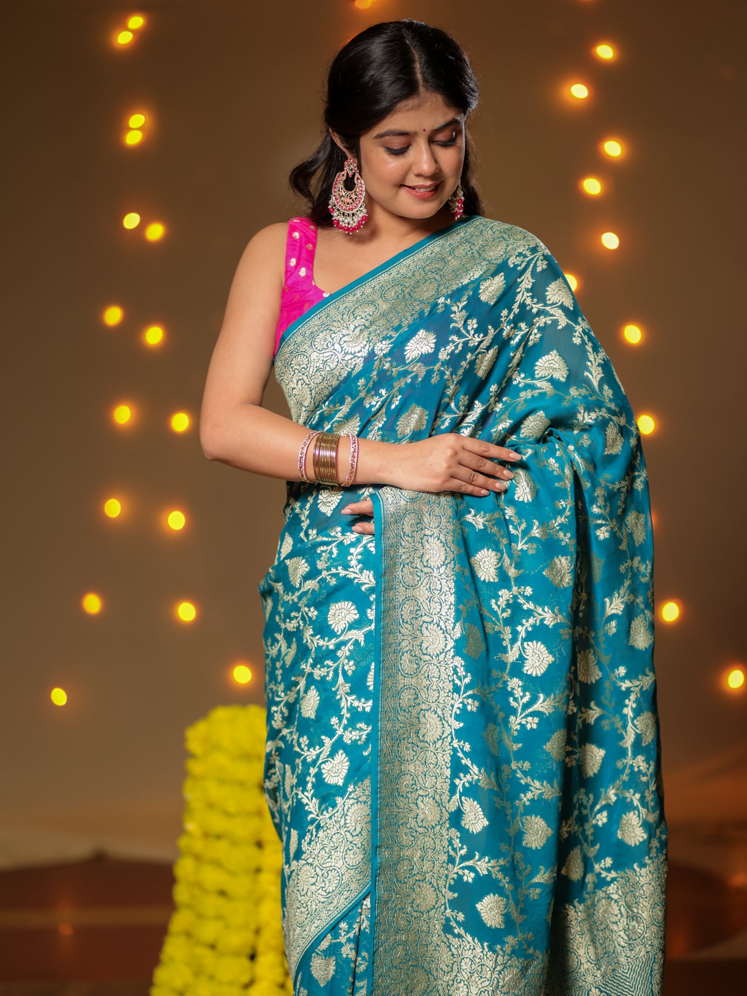 Banarasi Pure Khaddi Georgette Saree With Floral Jaal Zari Weaving- Teal