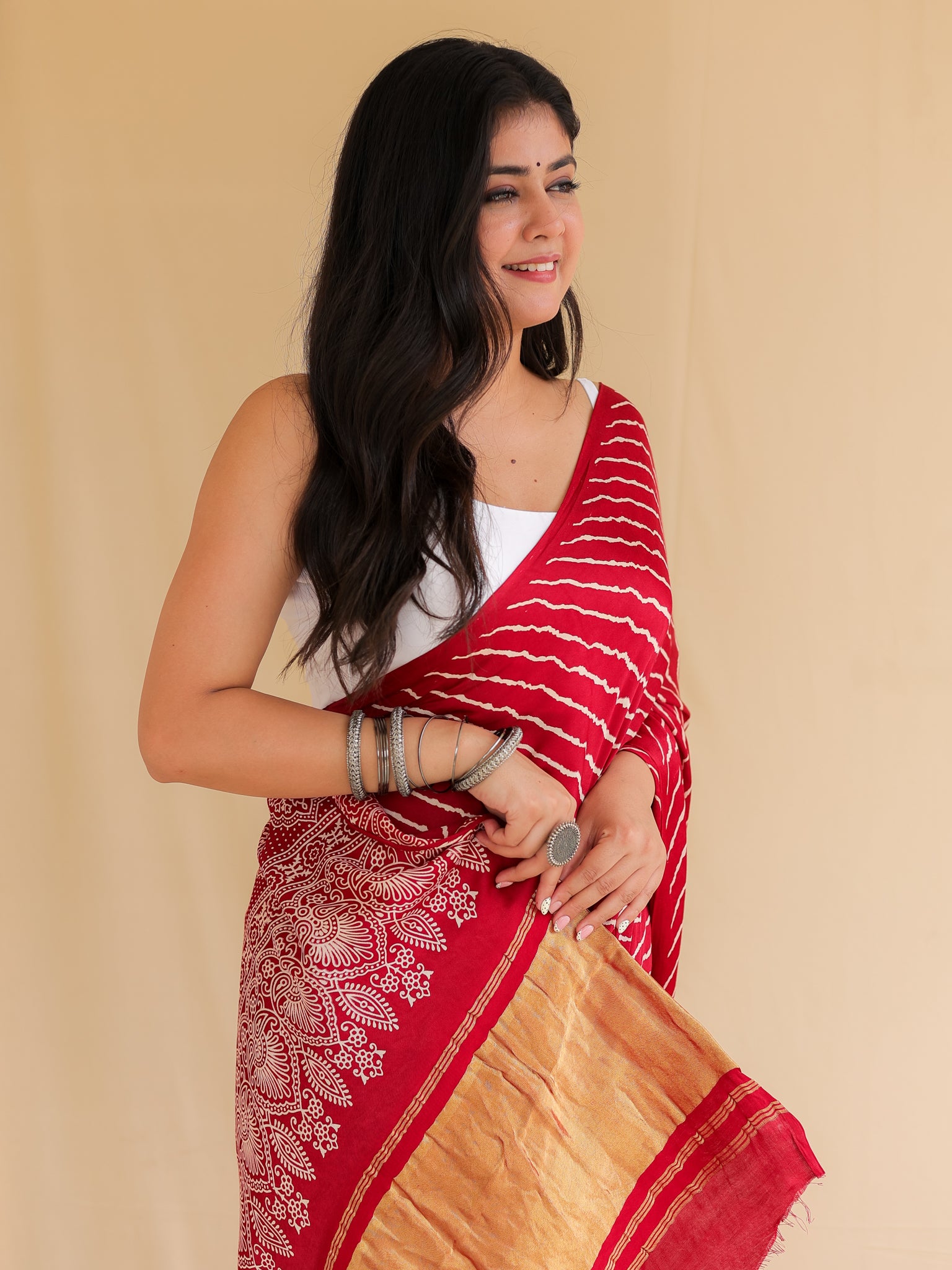 Maroon Leheriya Modal Lagdi Patta Saree