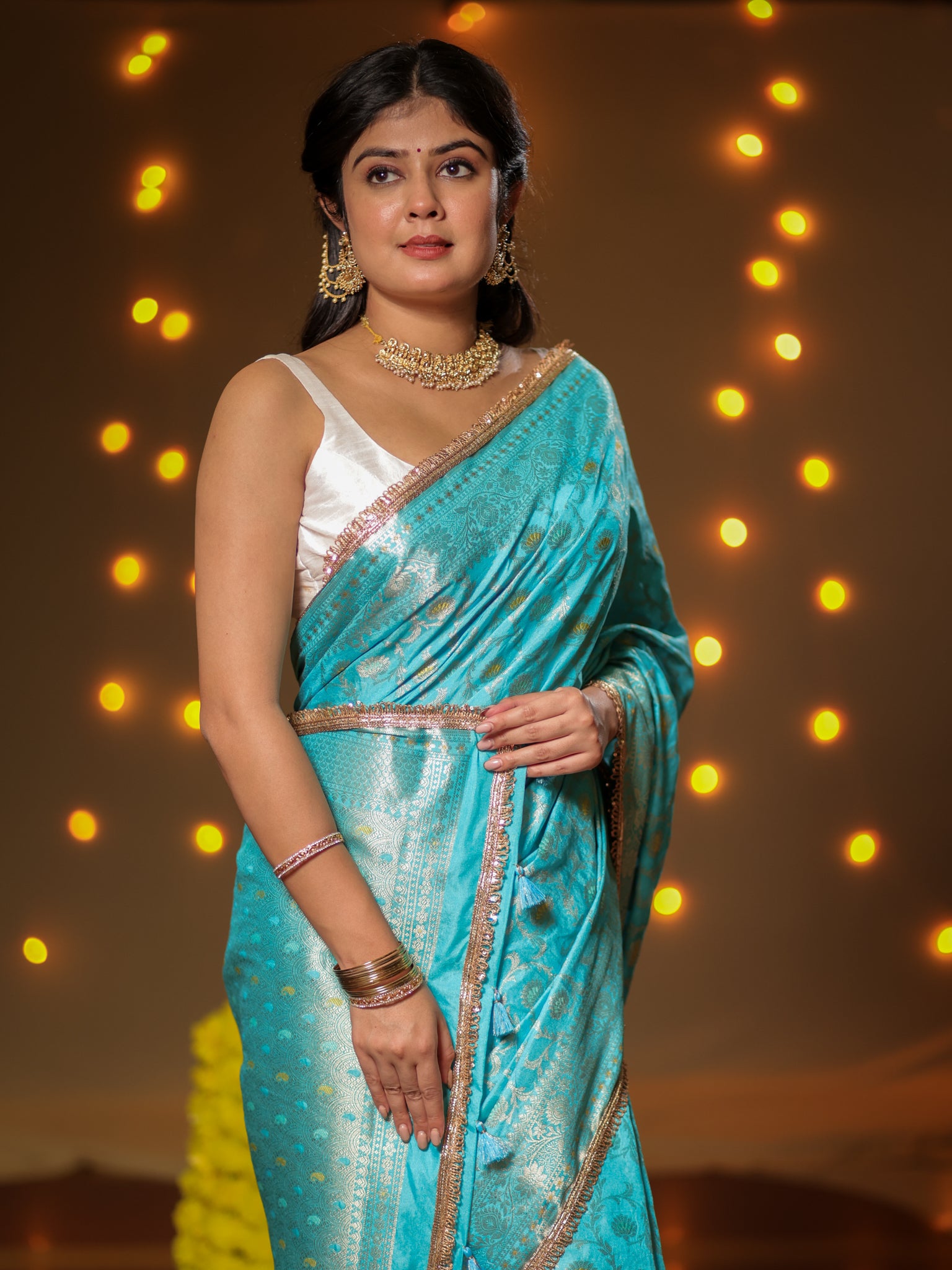 Banarasi Semi Silk Saree With Zari Weaving & Lace Border -Blue