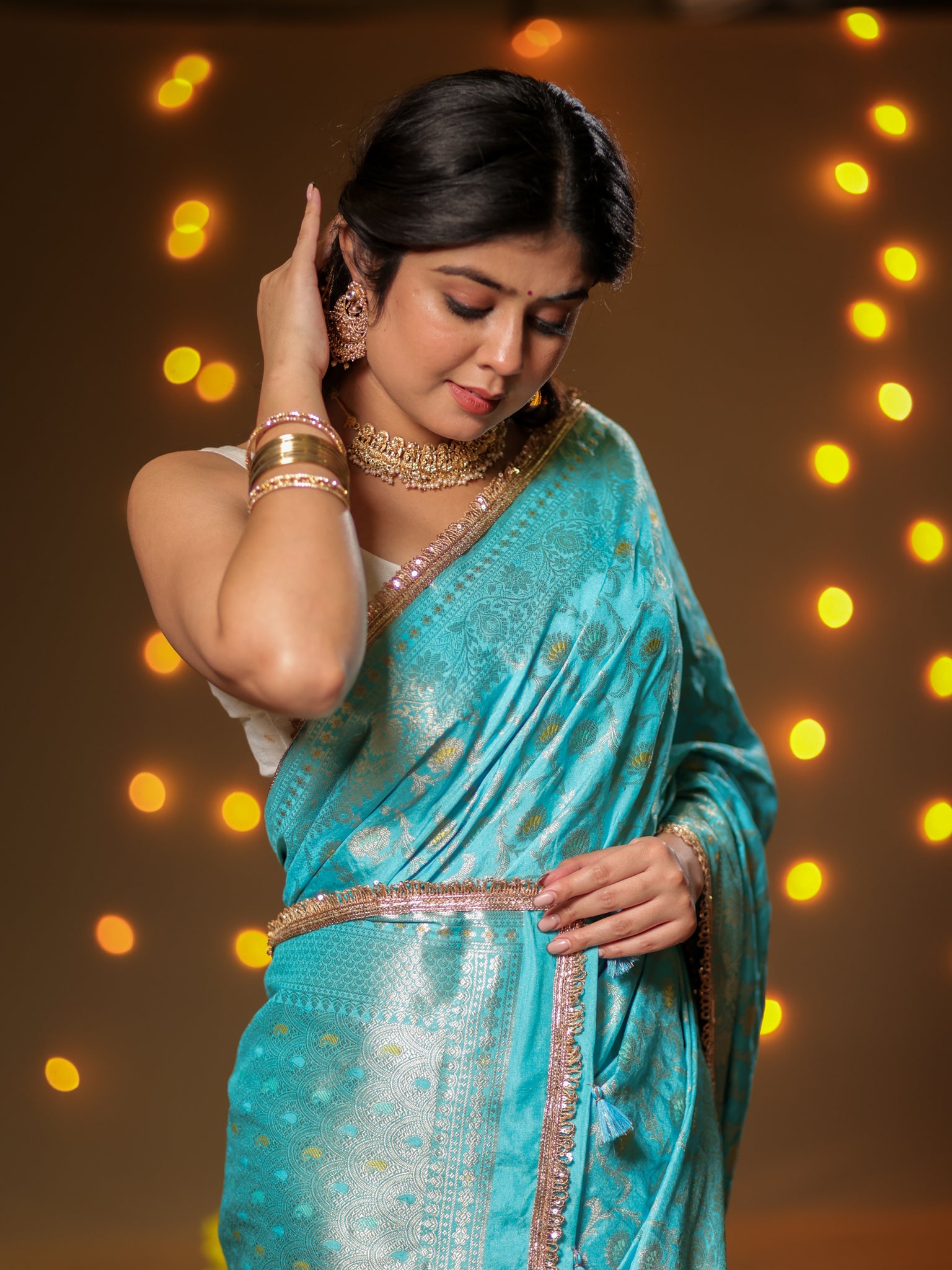 Banarasi Semi Silk Saree With Zari Weaving & Lace Border -Blue