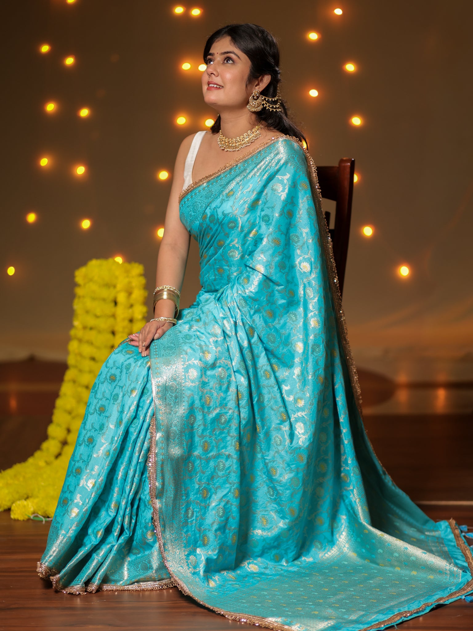 Banarasi Semi Silk Saree With Zari Weaving & Lace Border -Blue
