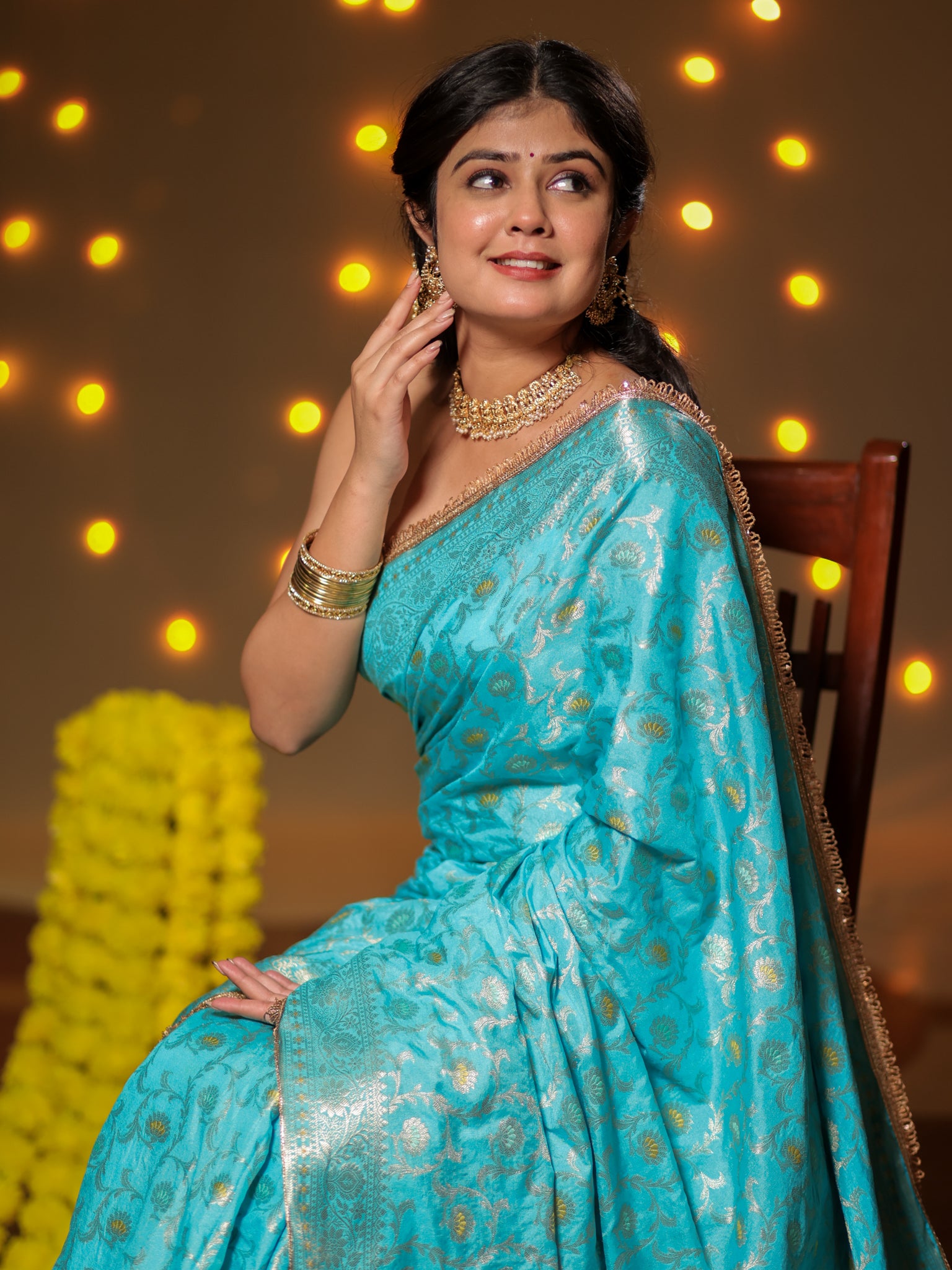 Banarasi Semi Silk Saree With Zari Weaving & Lace Border -Blue