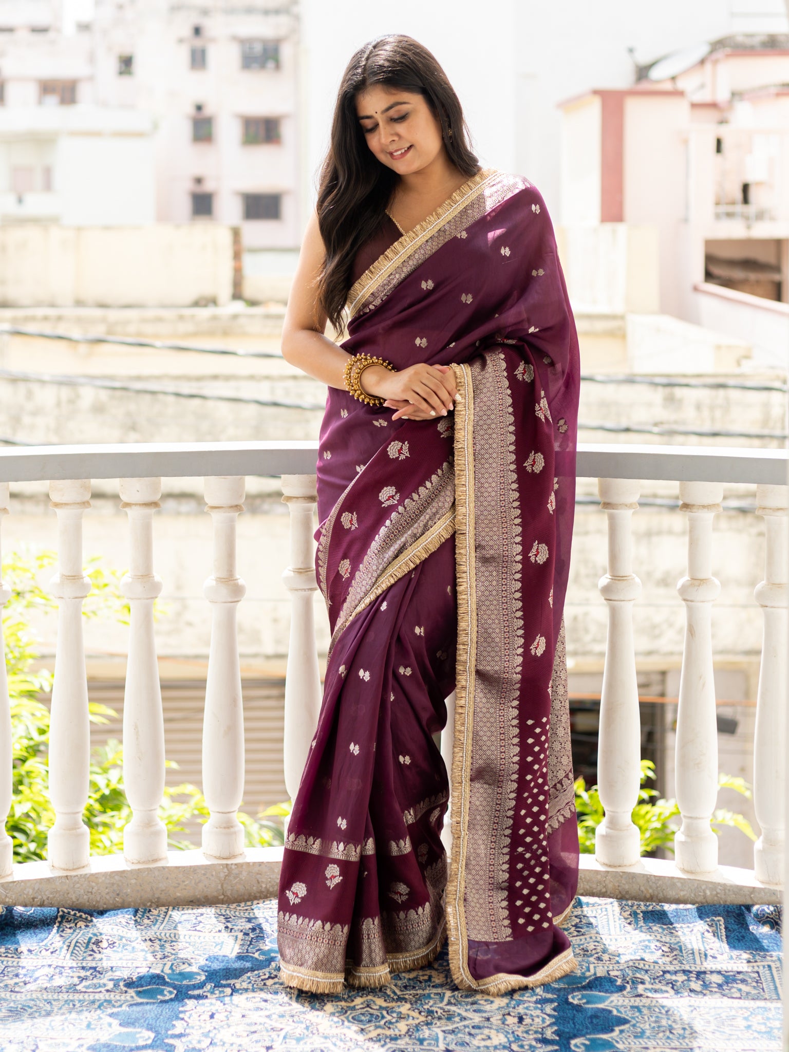 Banarasi Semi Silk Saree with Zari Weaving & Lace Border- Wine