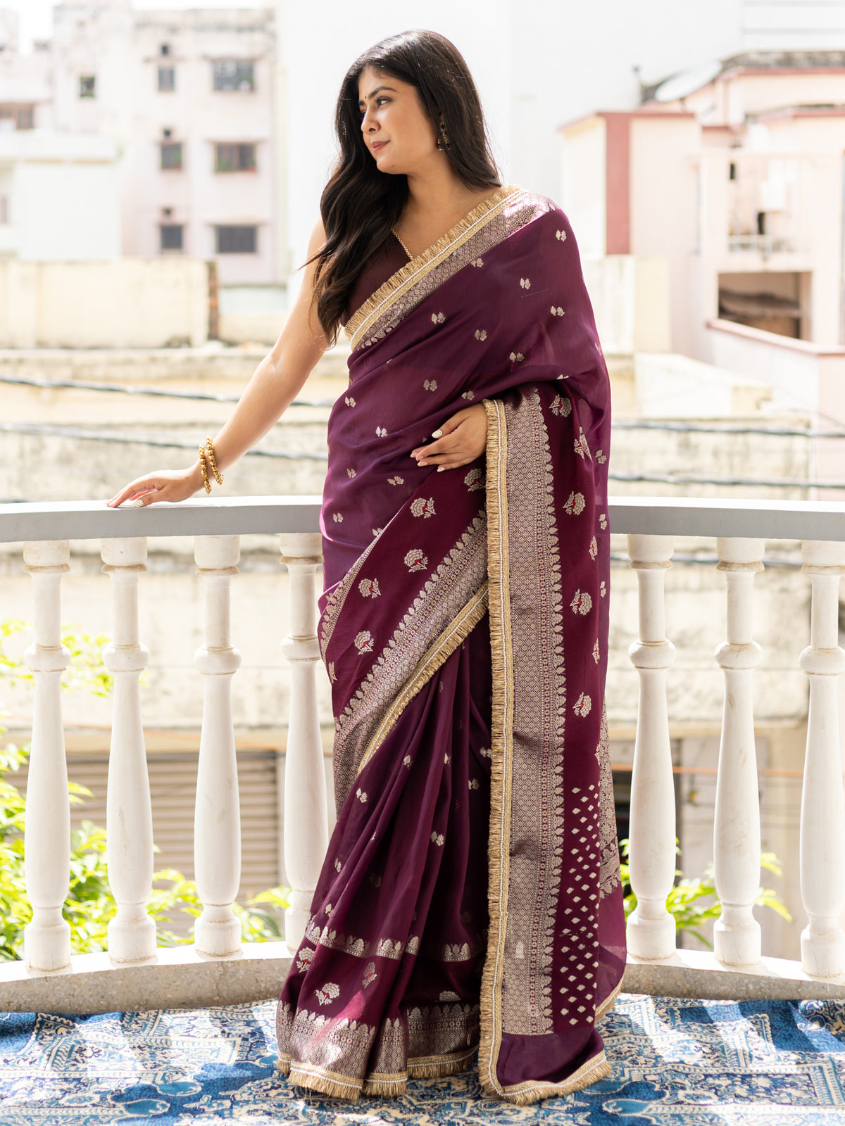 Banarasi Semi Silk Saree with Zari Weaving & Lace Border- Wine