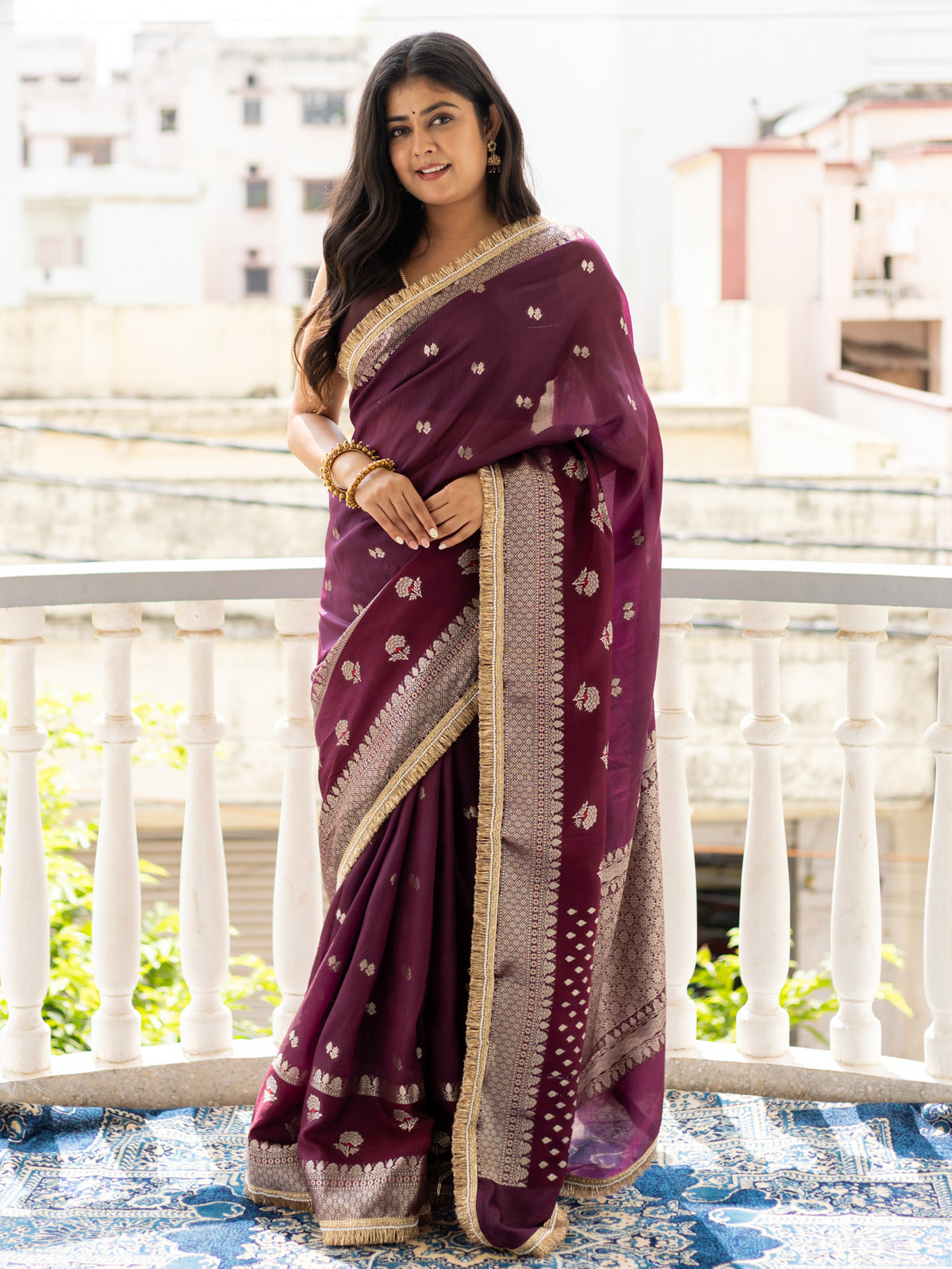 Banarasi Semi Silk Saree with Zari Weaving & Lace Border- Wine