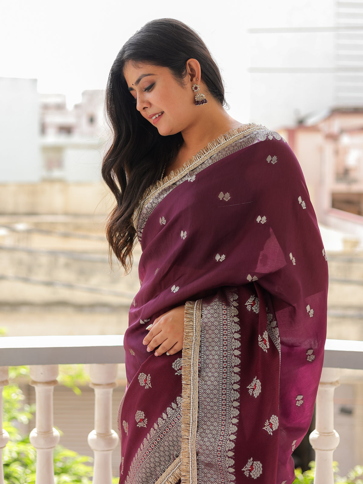 Banarasi Semi Silk Saree with Zari Weaving & Lace Border- Wine