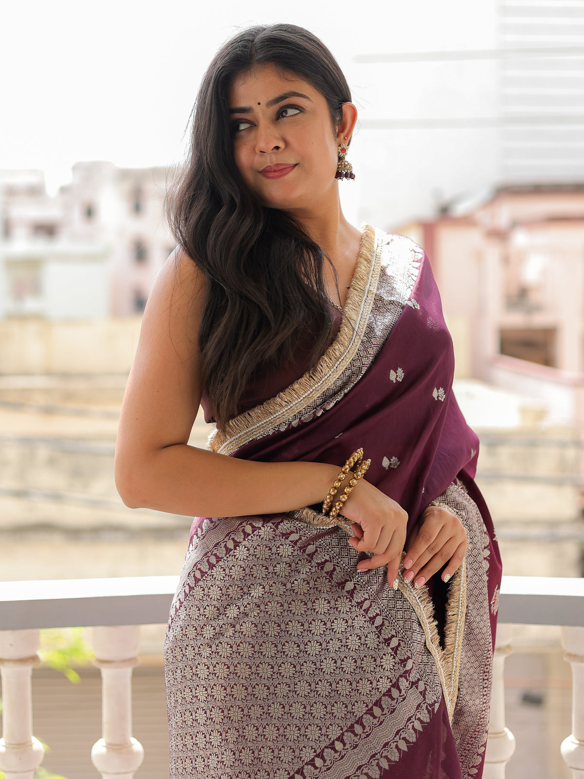 Banarasi Semi Silk Saree with Zari Weaving & Lace Border- Wine