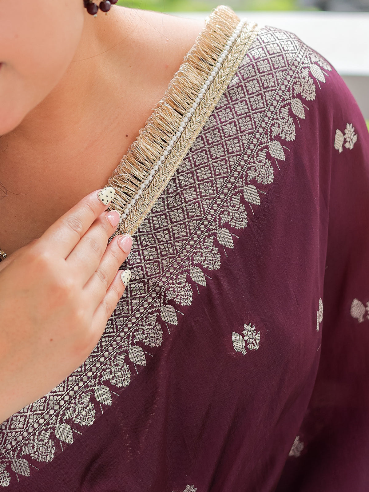 Banarasi Semi Silk Saree with Zari Weaving & Lace Border- Wine