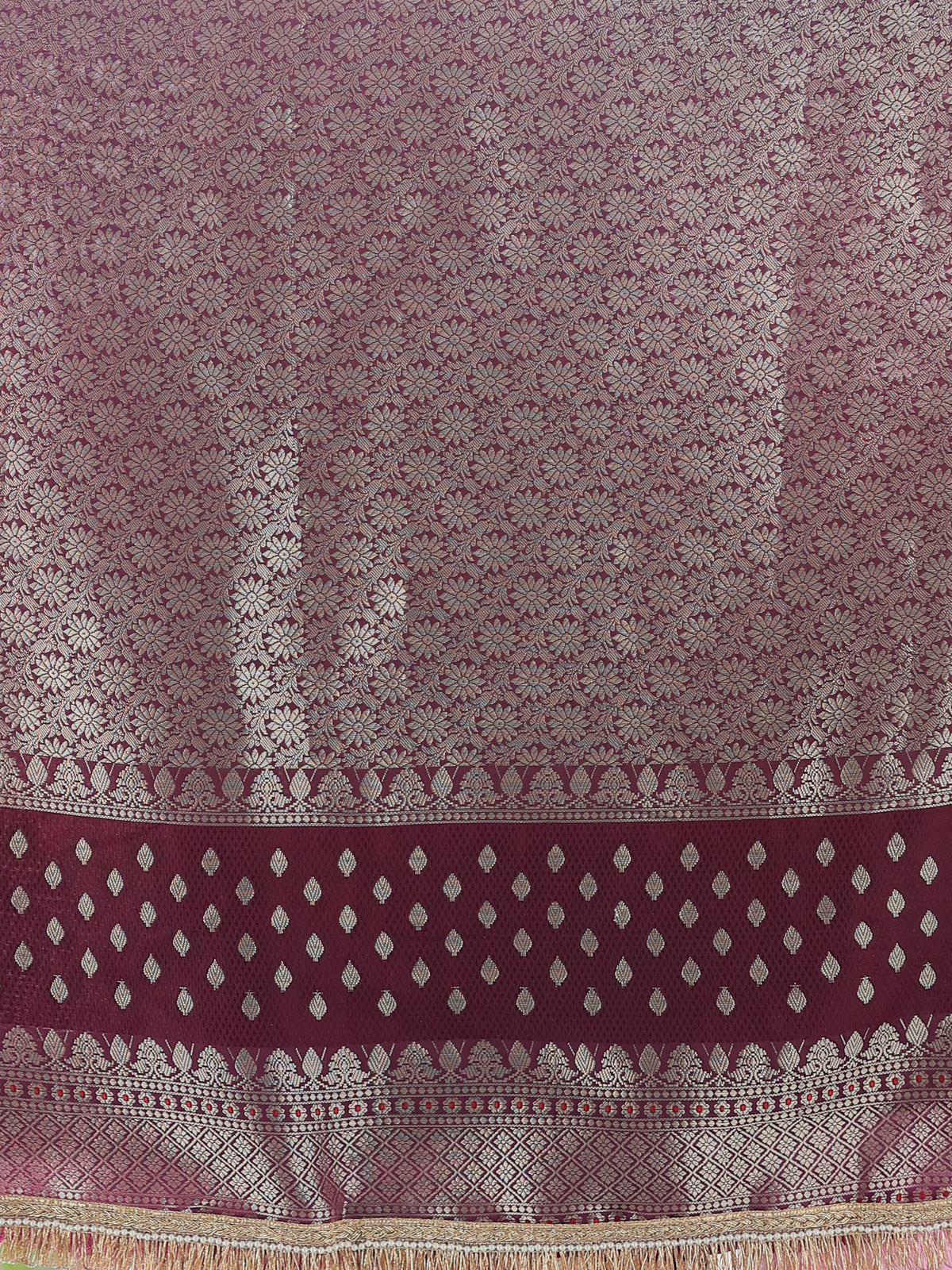 Banarasi Semi Silk Saree with Zari Weaving & Lace Border- Wine