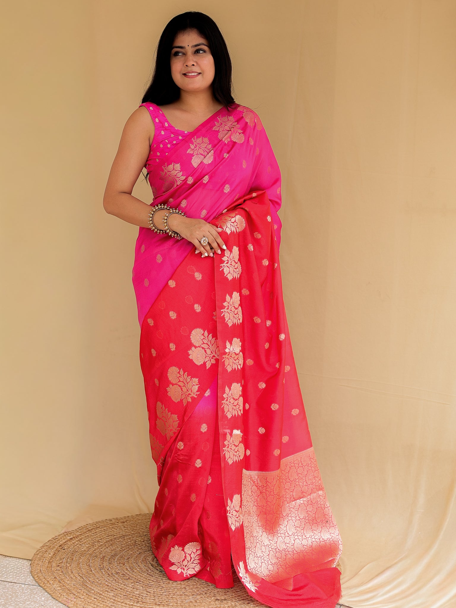 Banarasi Dual Shaded Semi Silk Saree with Zari Weaving & Border- Magenta