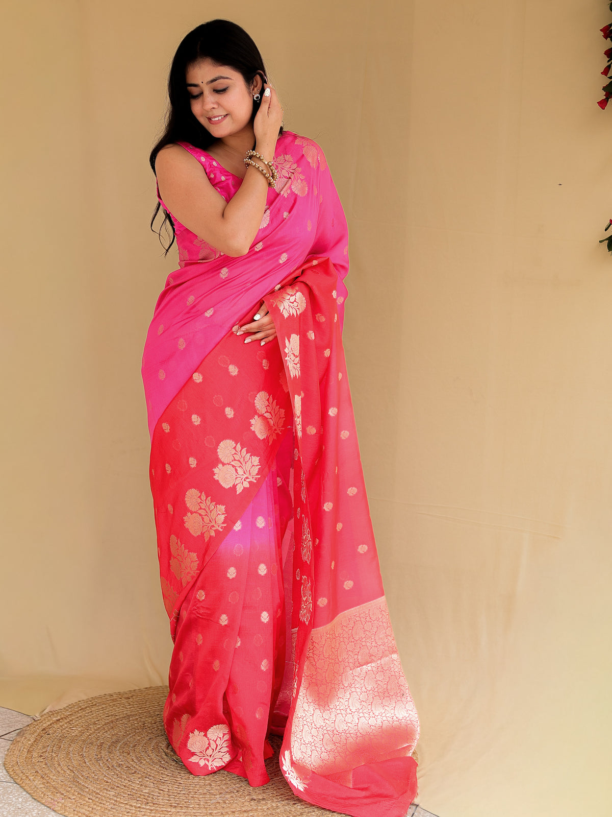 Banarasi Dual Shaded Semi Silk Saree with Zari Weaving & Border- Magenta