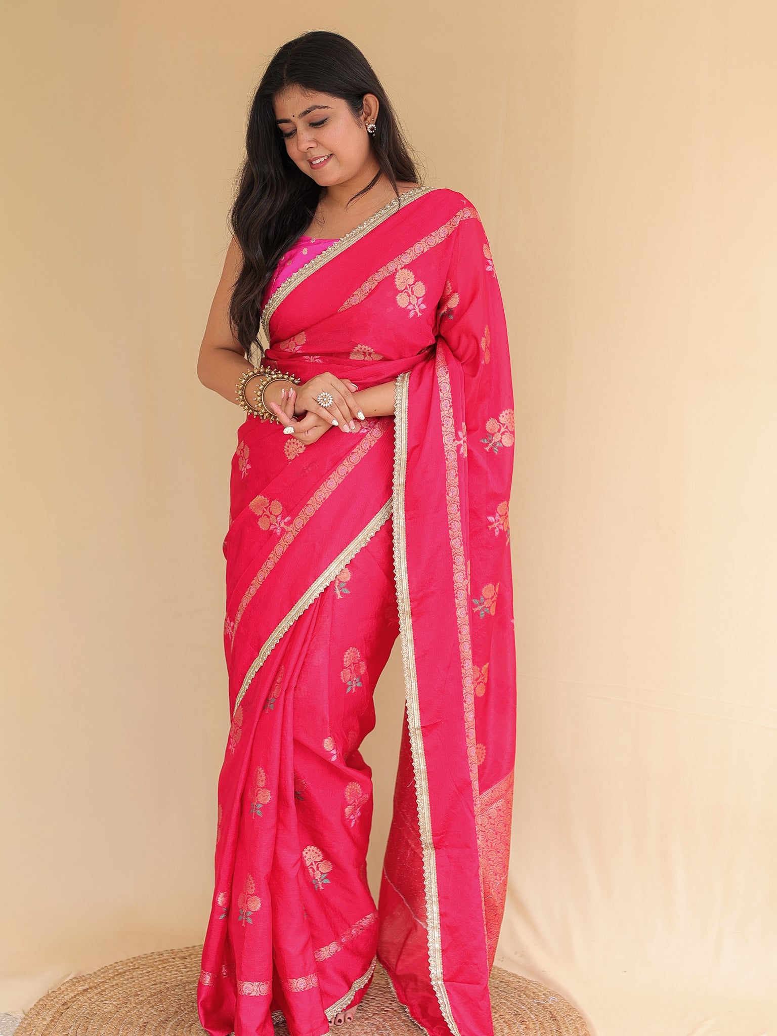 Banarasi Semi Silk Saree with Zari Weaving & Lace Border- Magenta