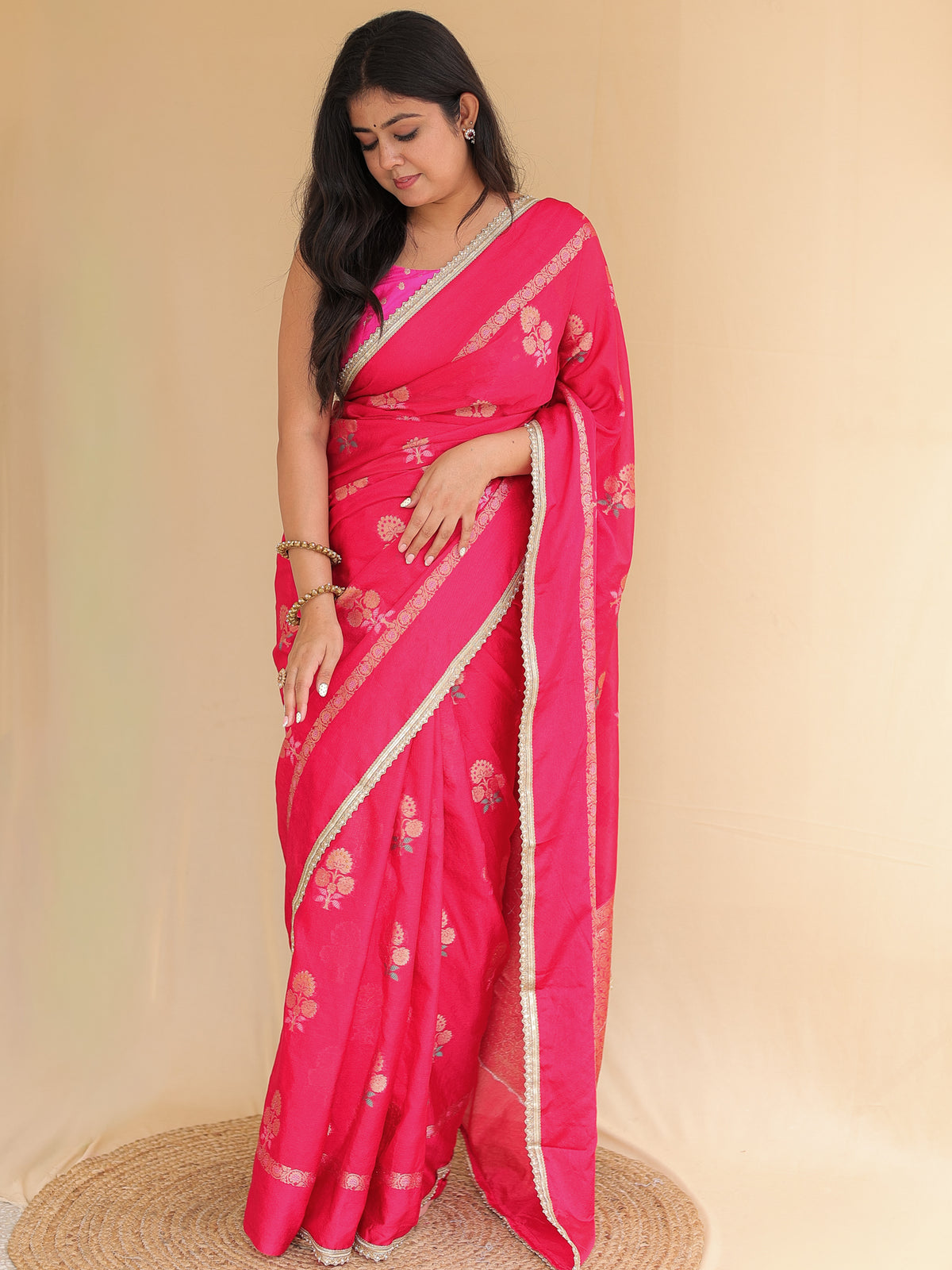Banarasi Semi Silk Saree with Zari Weaving & Lace Border- Magenta