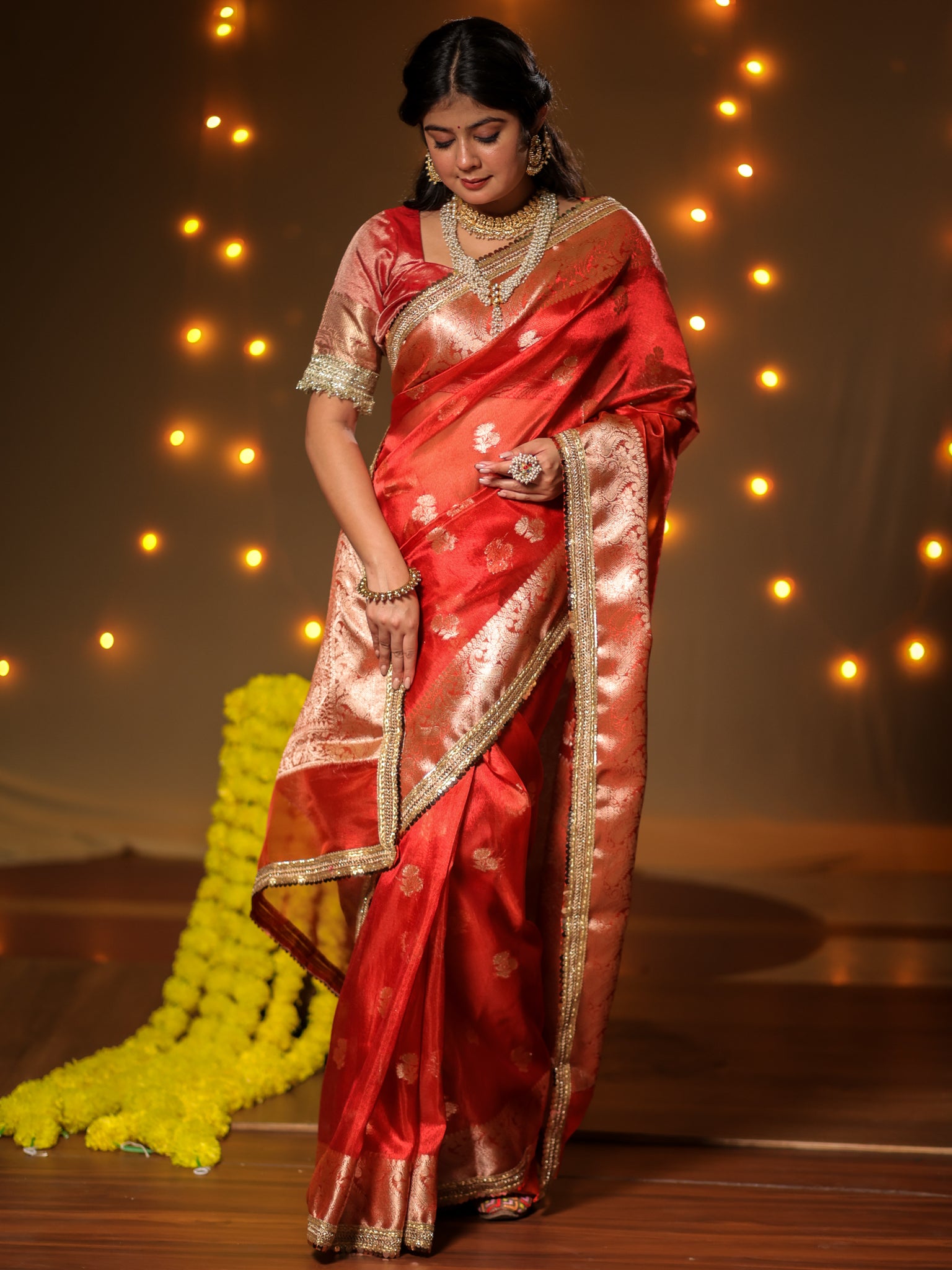 Banarasi Tissue Saree With Buti Weaving & Lace Border - Red