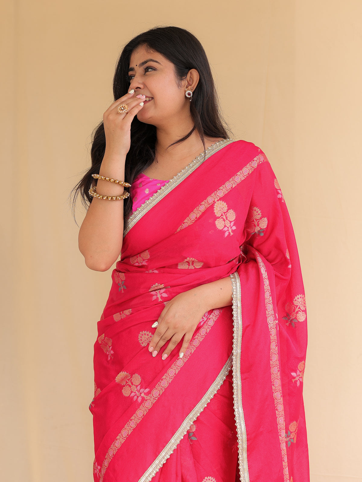 Banarasi Semi Silk Saree with Zari Weaving & Lace Border- Magenta