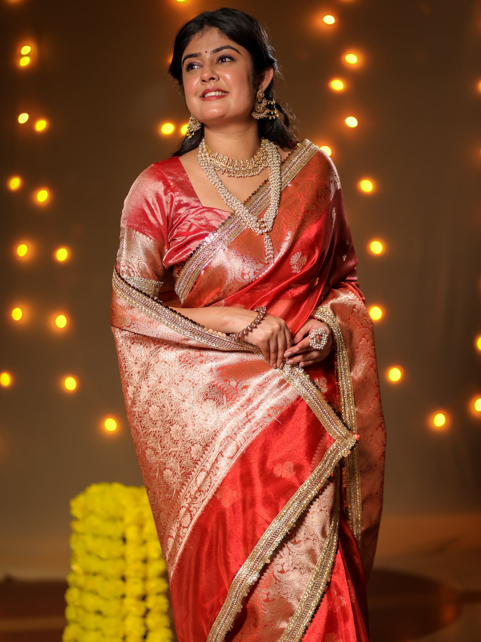 Banarasi Tissue Saree With Buti Weaving & Lace Border - Red