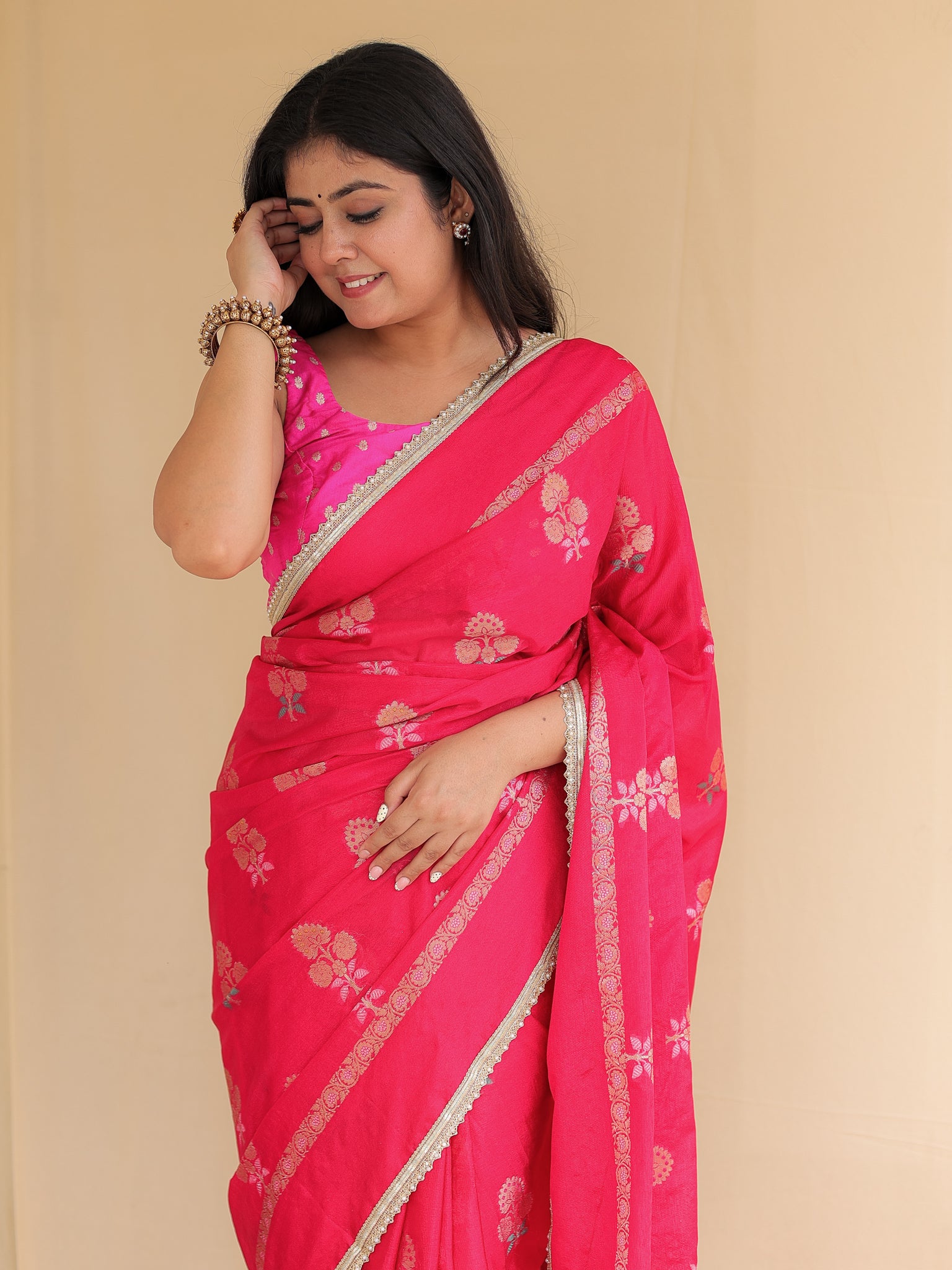 Banarasi Semi Silk Saree with Zari Weaving & Lace Border- Magenta