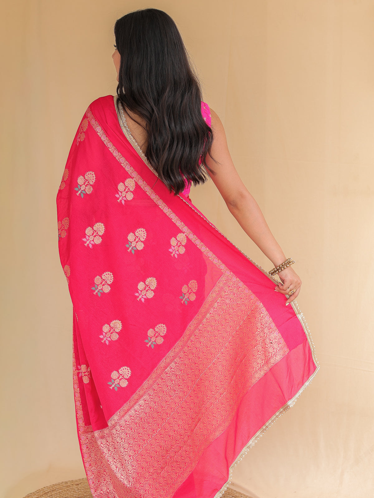 Banarasi Semi Silk Saree with Zari Weaving & Lace Border- Magenta