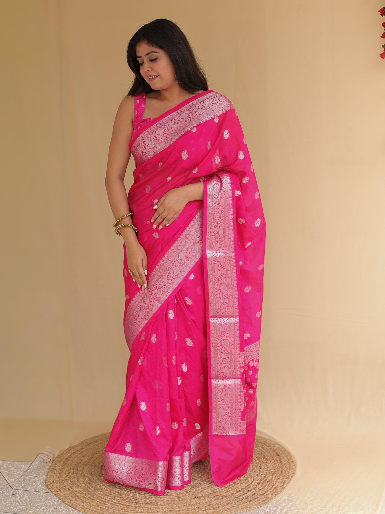 Banarasi Semi Silk Saree with Zari Weaving & Border- Magenta
