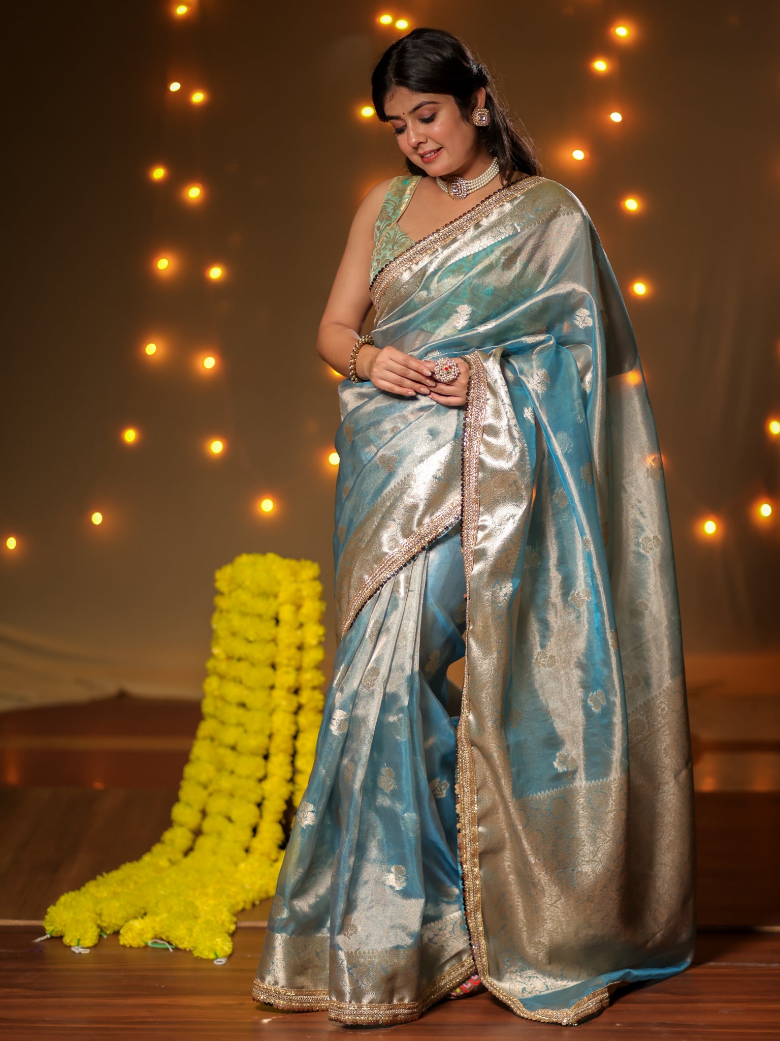 Banarasi Tissue Saree With Buti Weaving & Lace Border - Blue