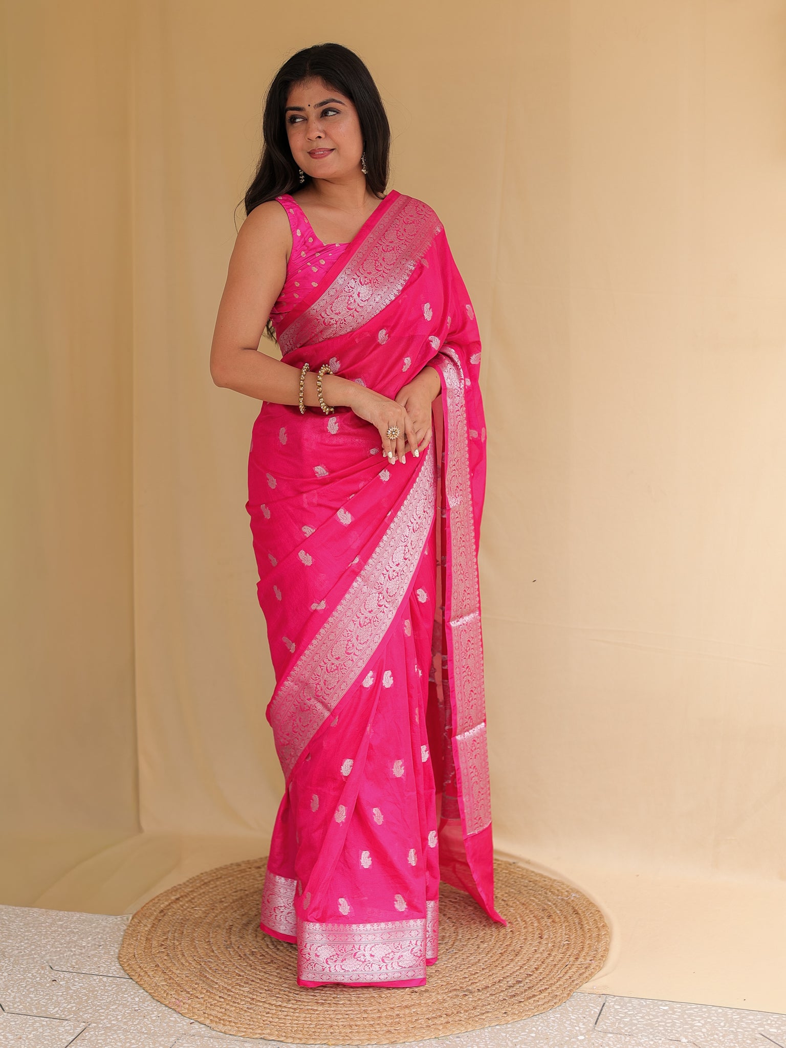 Banarasi Semi Silk Saree with Zari Weaving & Border- Magenta