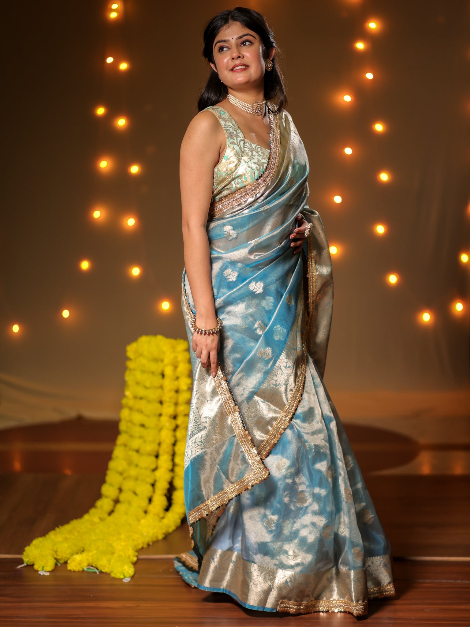 Banarasi Tissue Saree With Buti Weaving & Lace Border - Blue