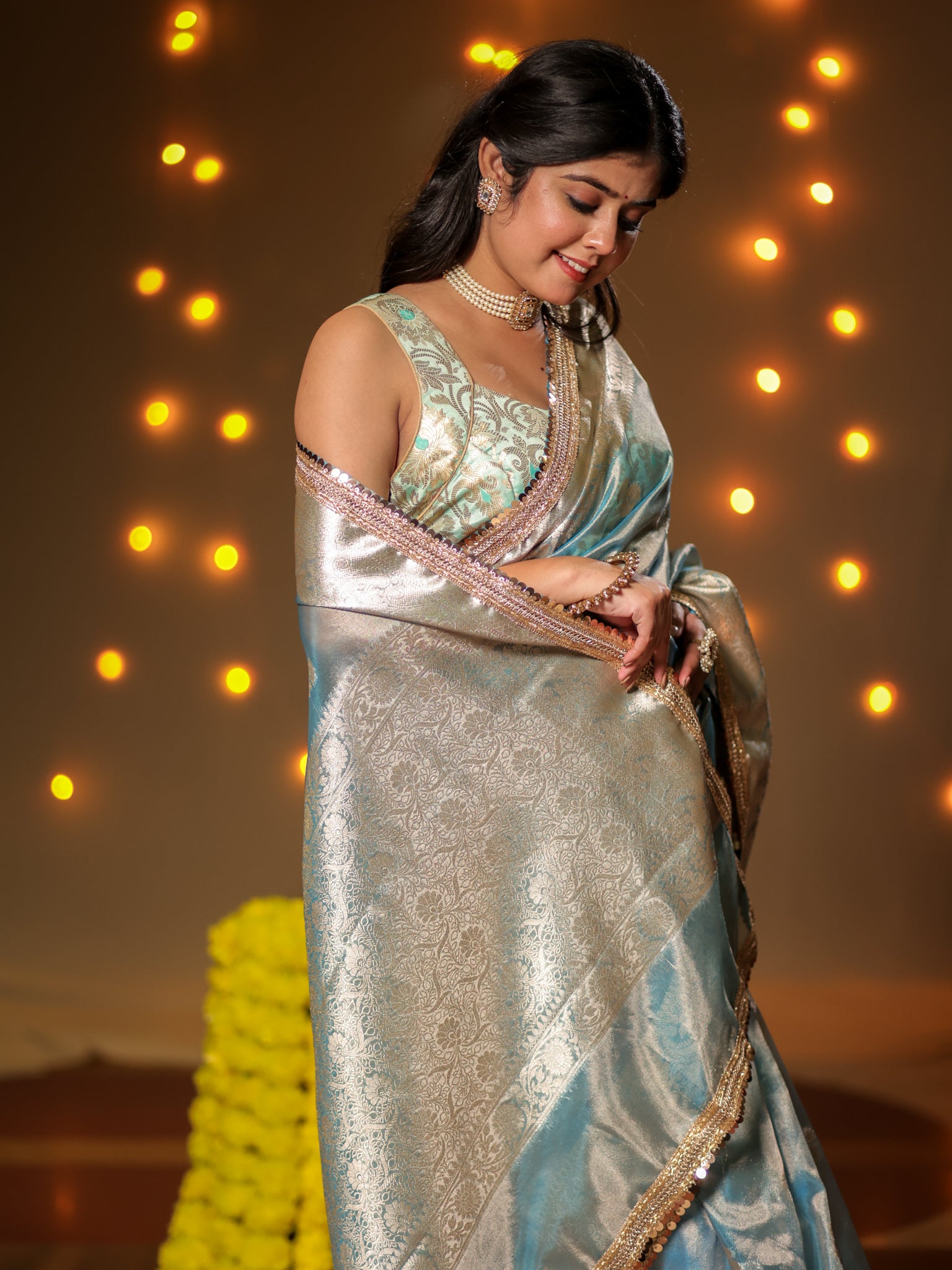 Banarasi Tissue Saree With Buti Weaving & Lace Border - Blue