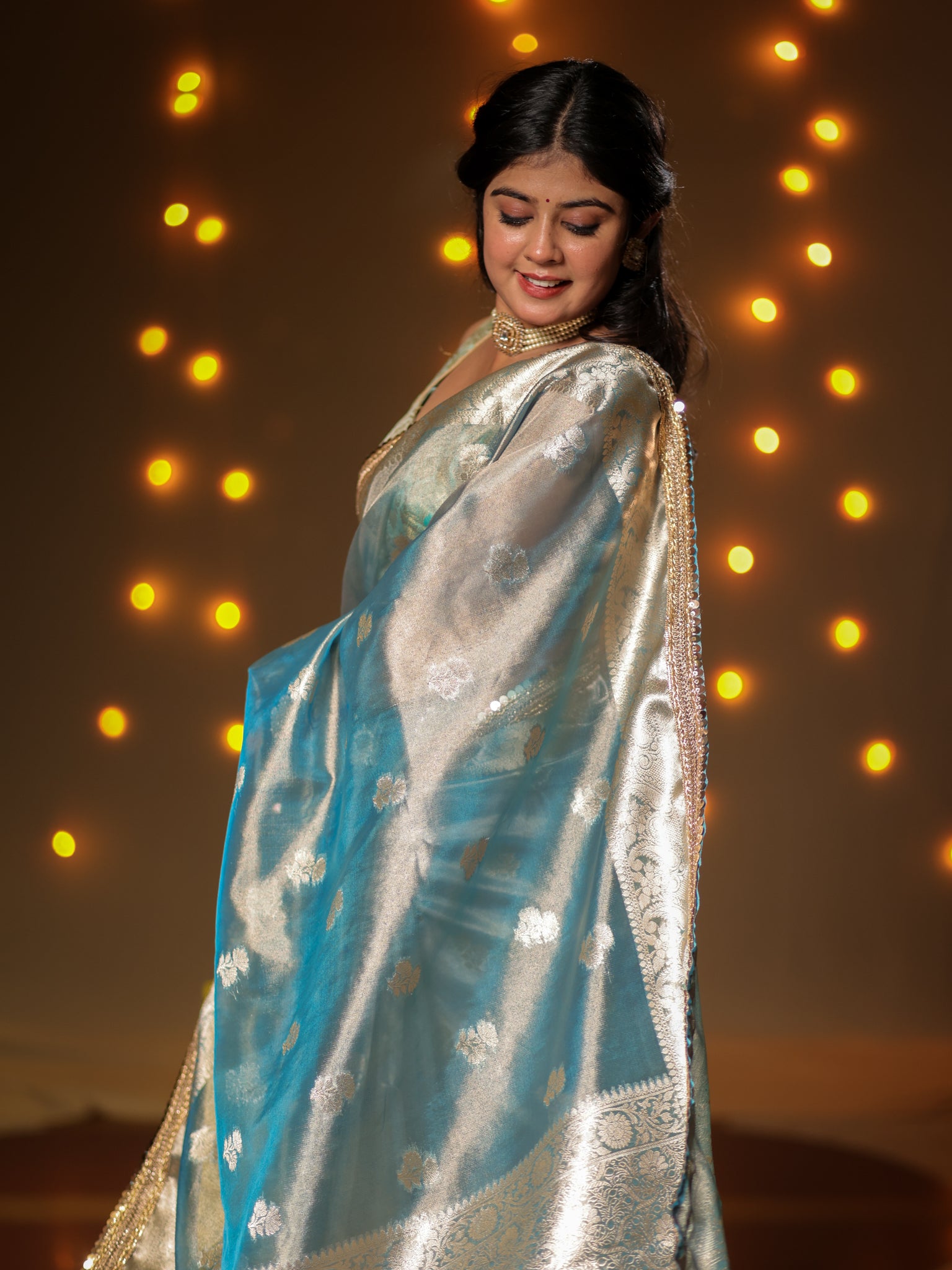 Banarasi Tissue Saree With Buti Weaving & Lace Border - Blue