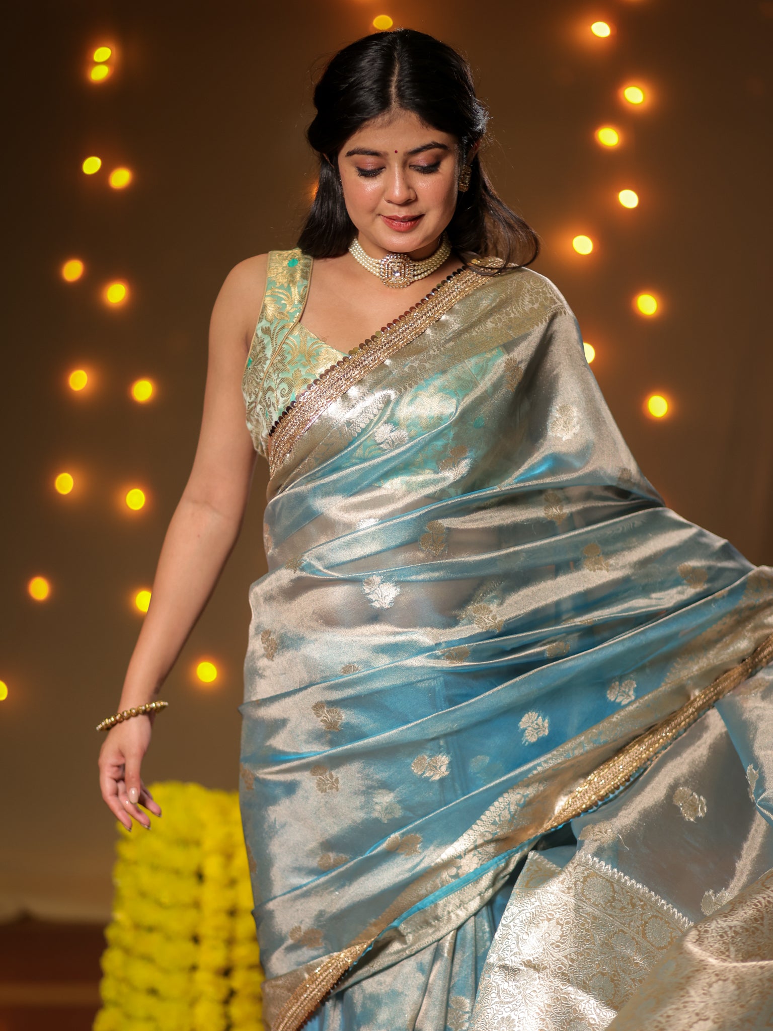 Banarasi Tissue Saree With Buti Weaving & Lace Border - Blue