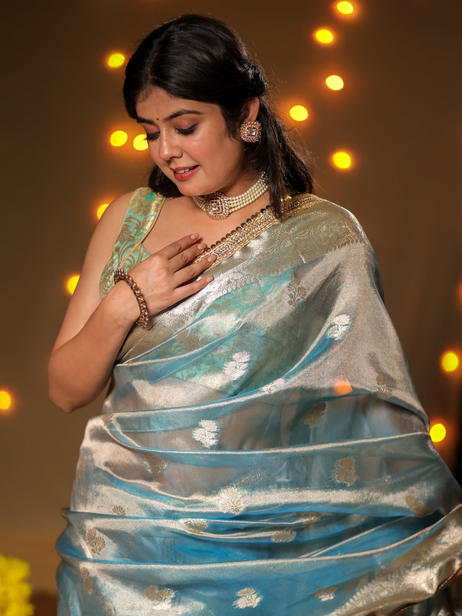 Banarasi Tissue Saree With Buti Weaving & Lace Border - Blue