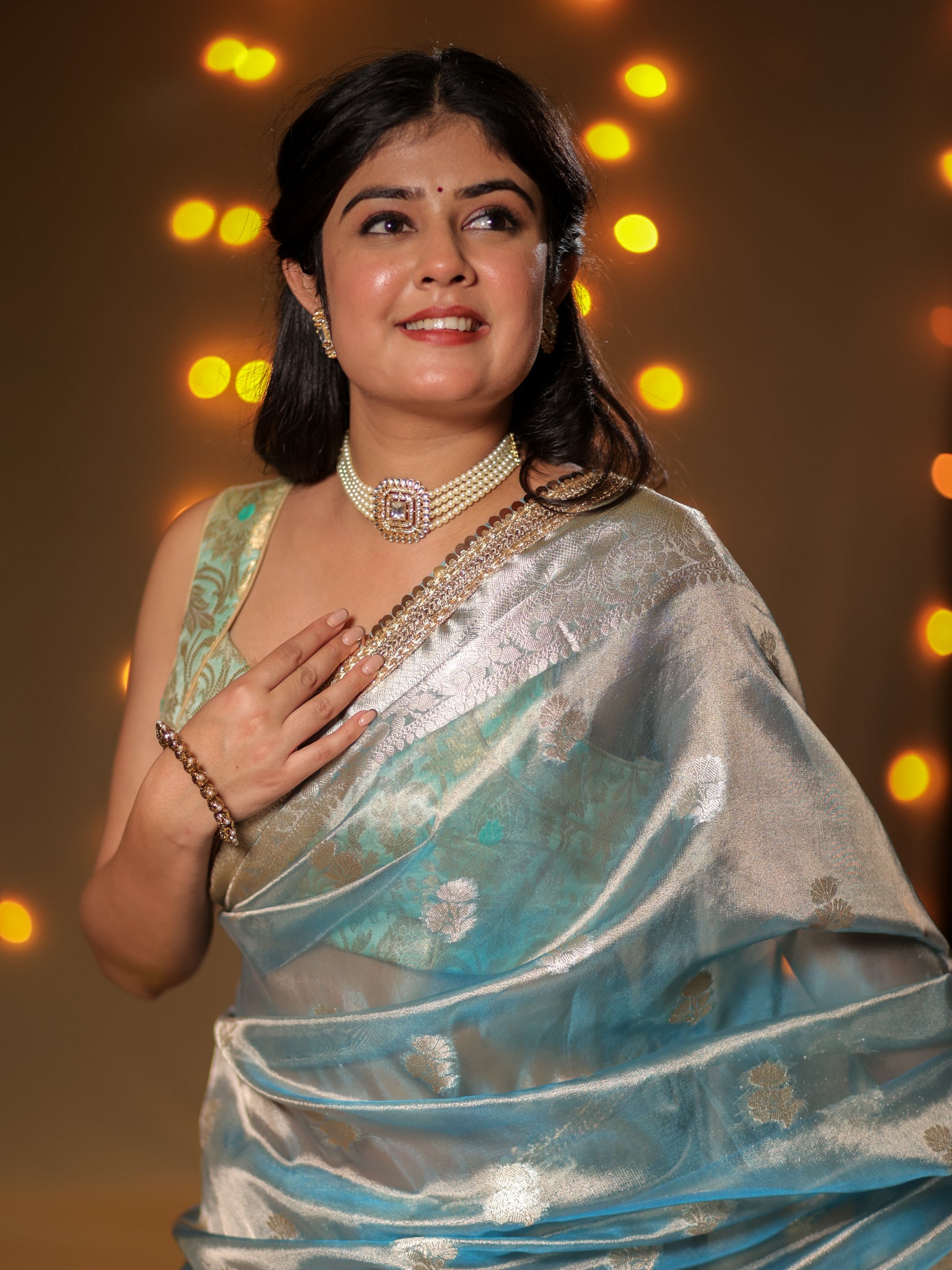 Banarasi Tissue Saree With Buti Weaving & Lace Border - Blue