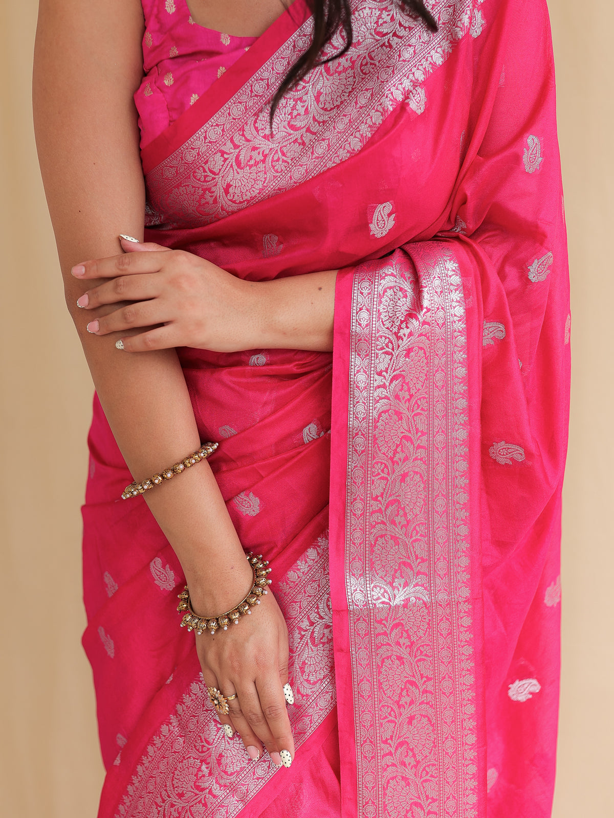Banarasi Semi Silk Saree with Zari Weaving & Border- Magenta