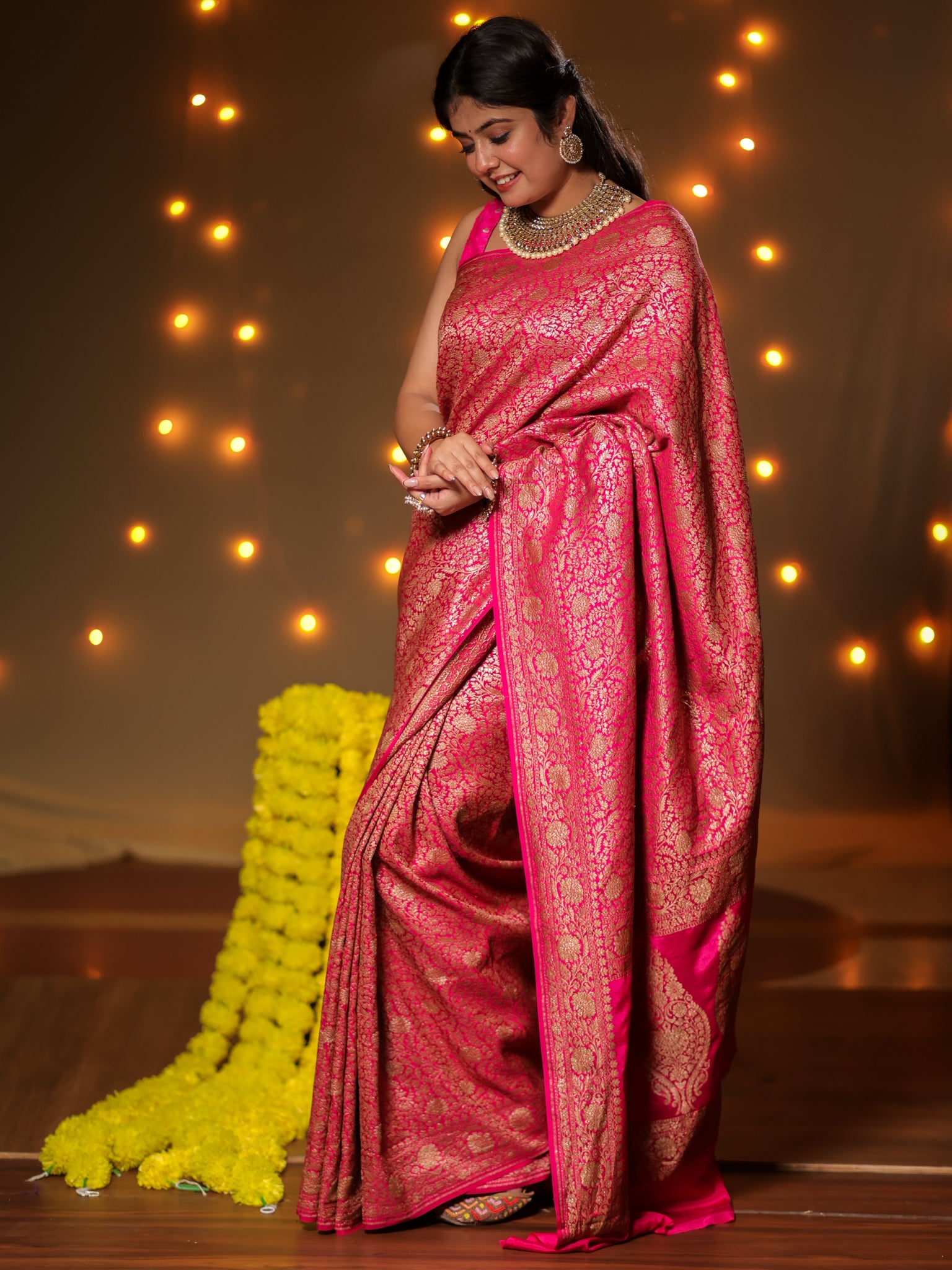 Banarasi Pure Khaddi Georgette Saree With Antique Zari Weaving- Pink