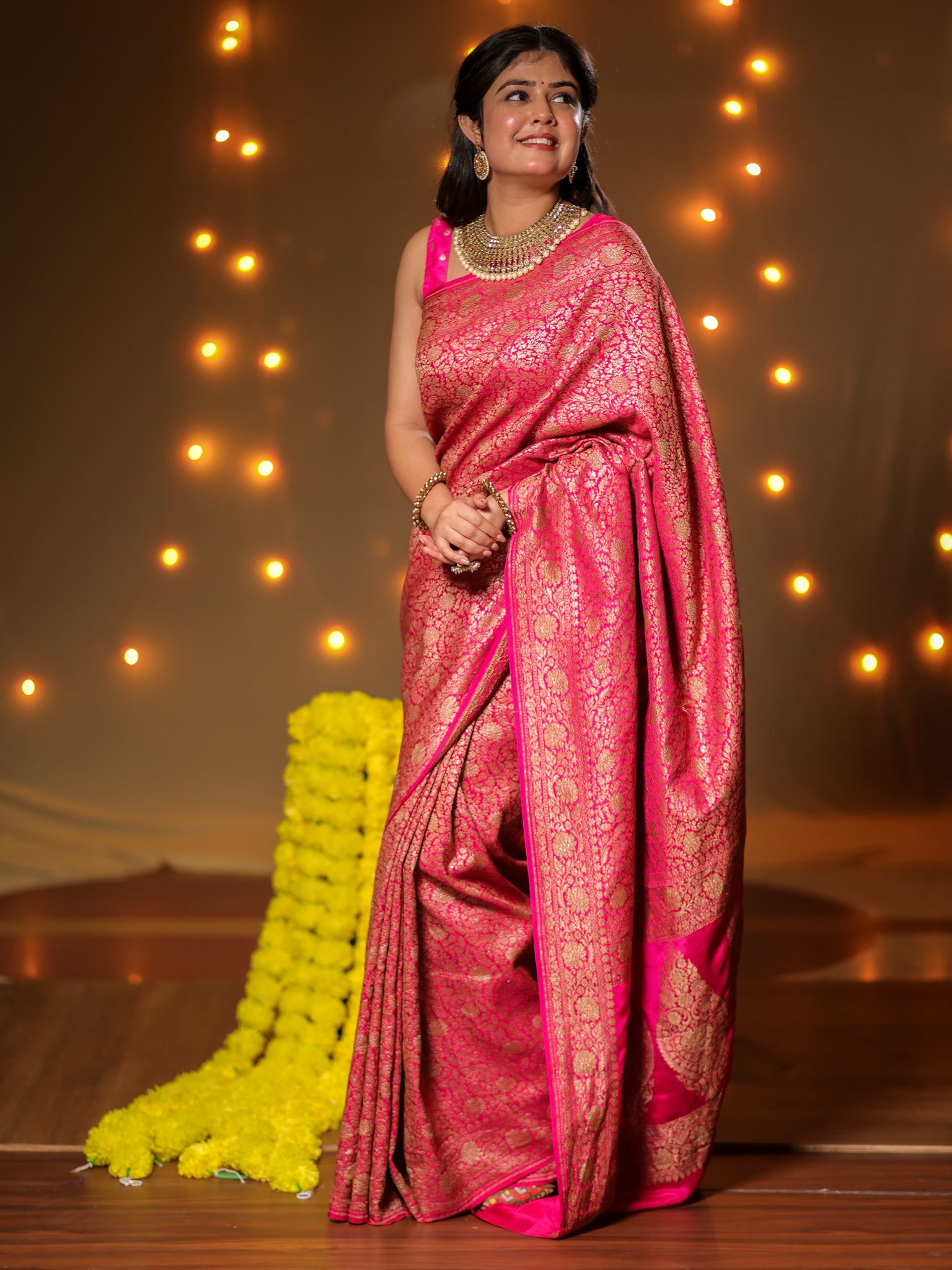 Banarasi Pure Khaddi Georgette Saree With Antique Zari Weaving- Pink