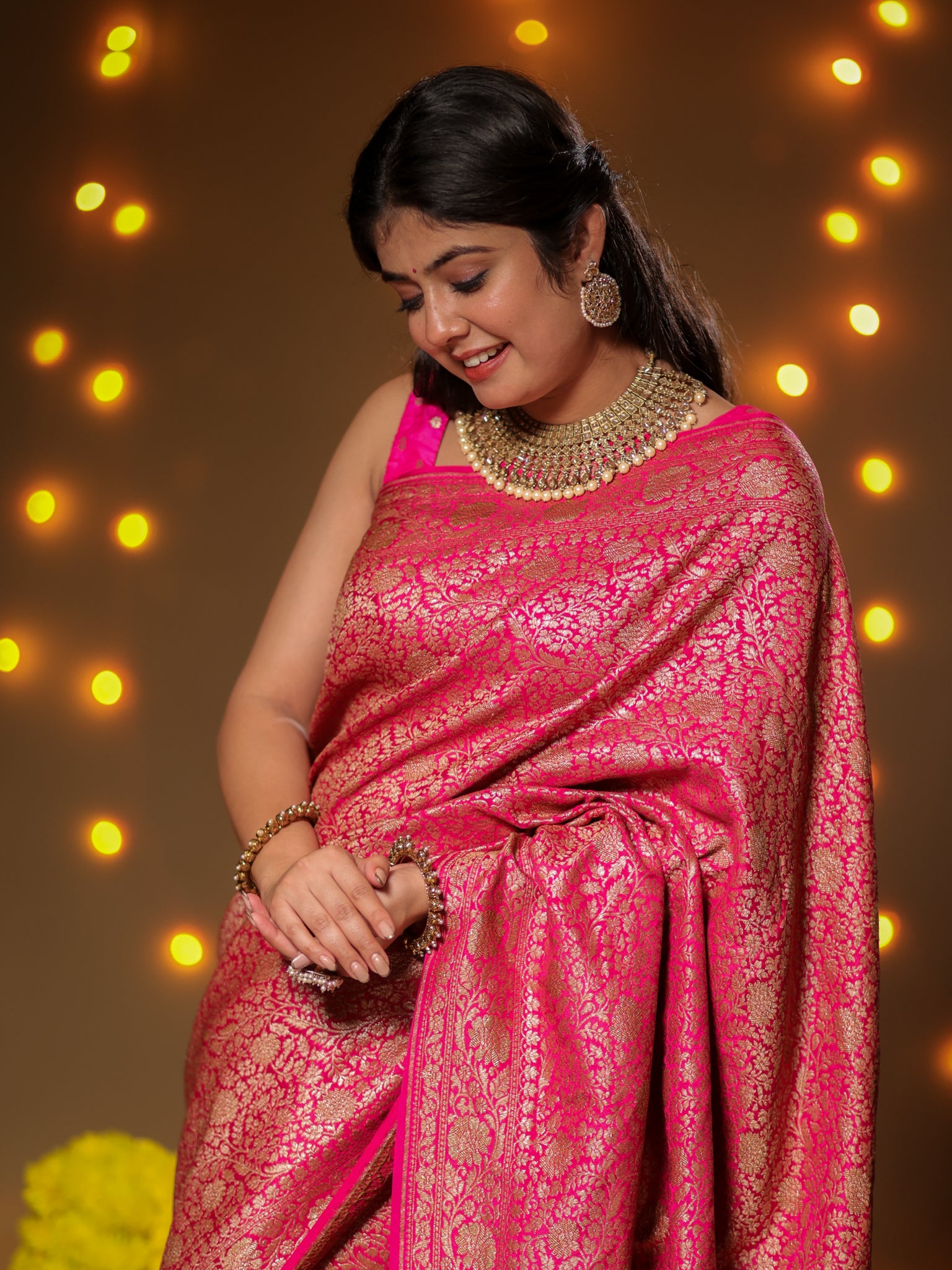 Banarasi Pure Khaddi Georgette Saree With Antique Zari Weaving- Pink