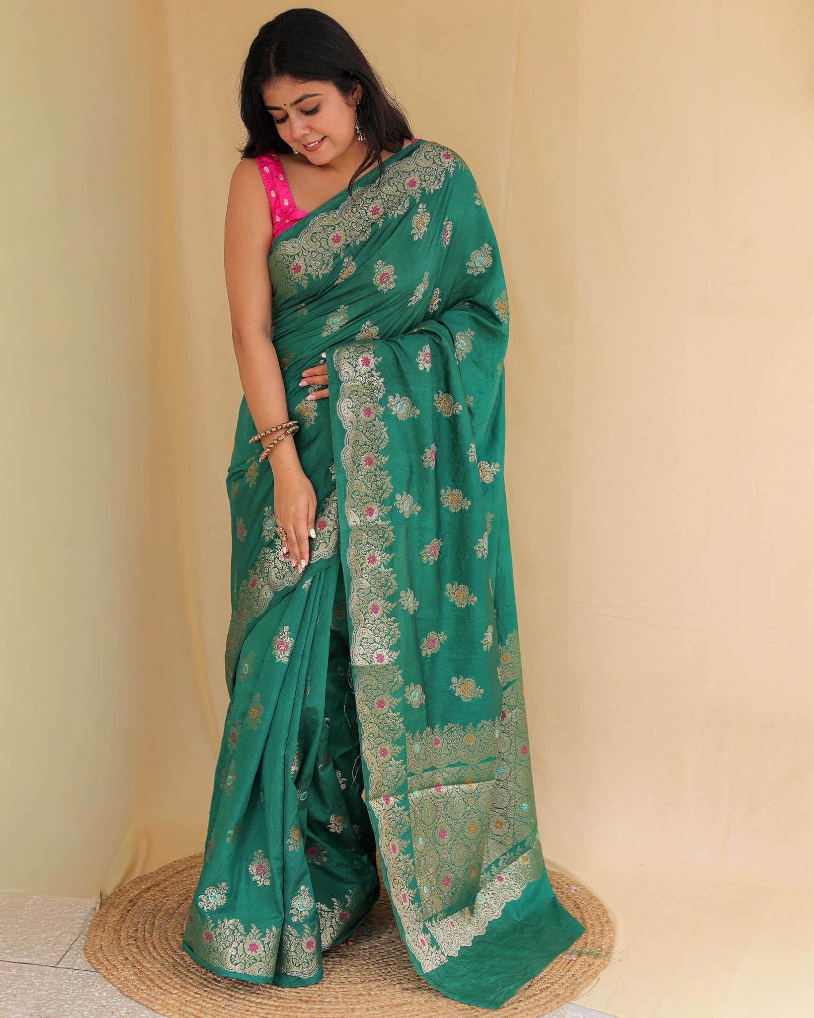 Banarasi Semi Silk Saree with Zari Weaving & Border- Green