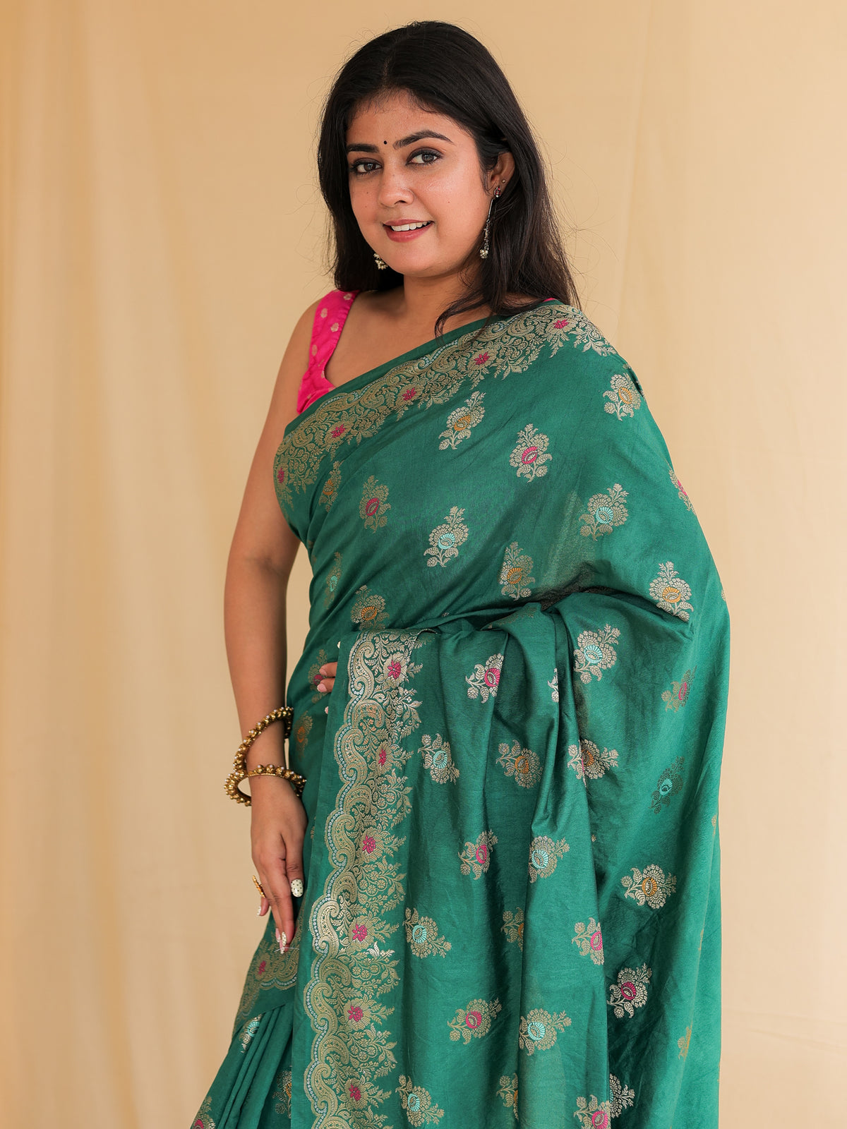 Banarasi Semi Silk Saree with Zari Weaving & Border- Green