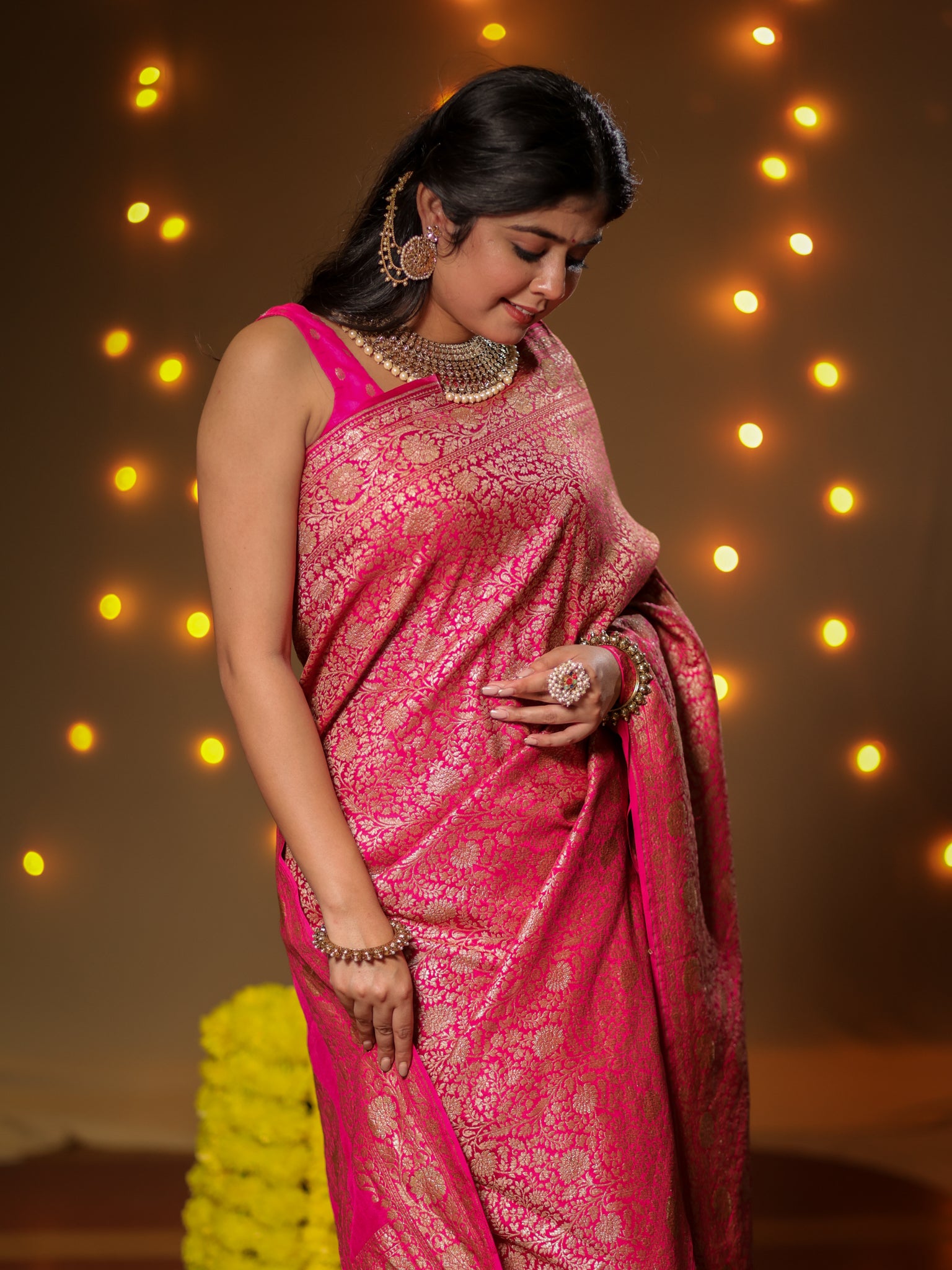 Banarasi Pure Khaddi Georgette Saree With Antique Zari Weaving- Pink