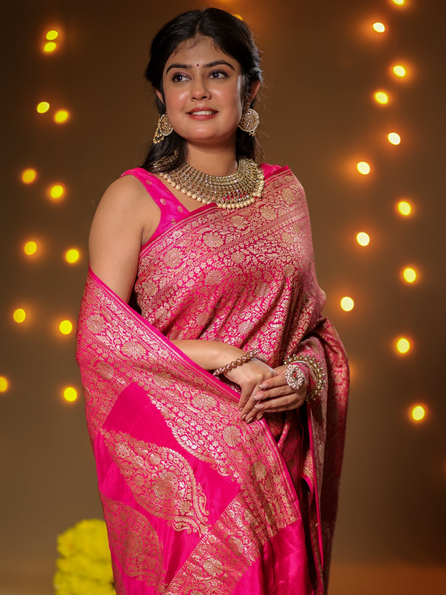 Banarasi Pure Khaddi Georgette Saree With Antique Zari Weaving- Pink