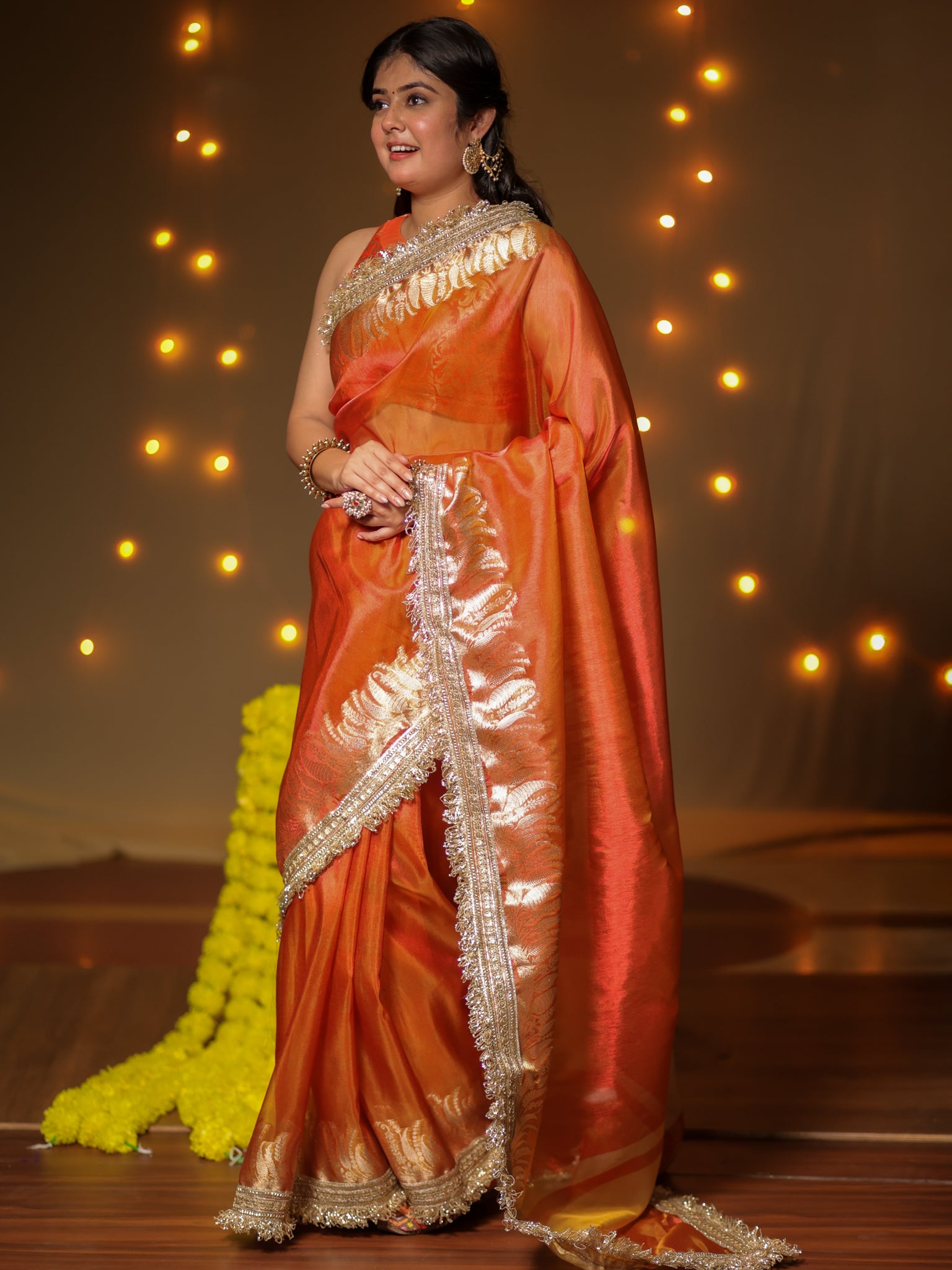 Banarasi Tissue Saree With Zari Weaving & Lace Border - Orange