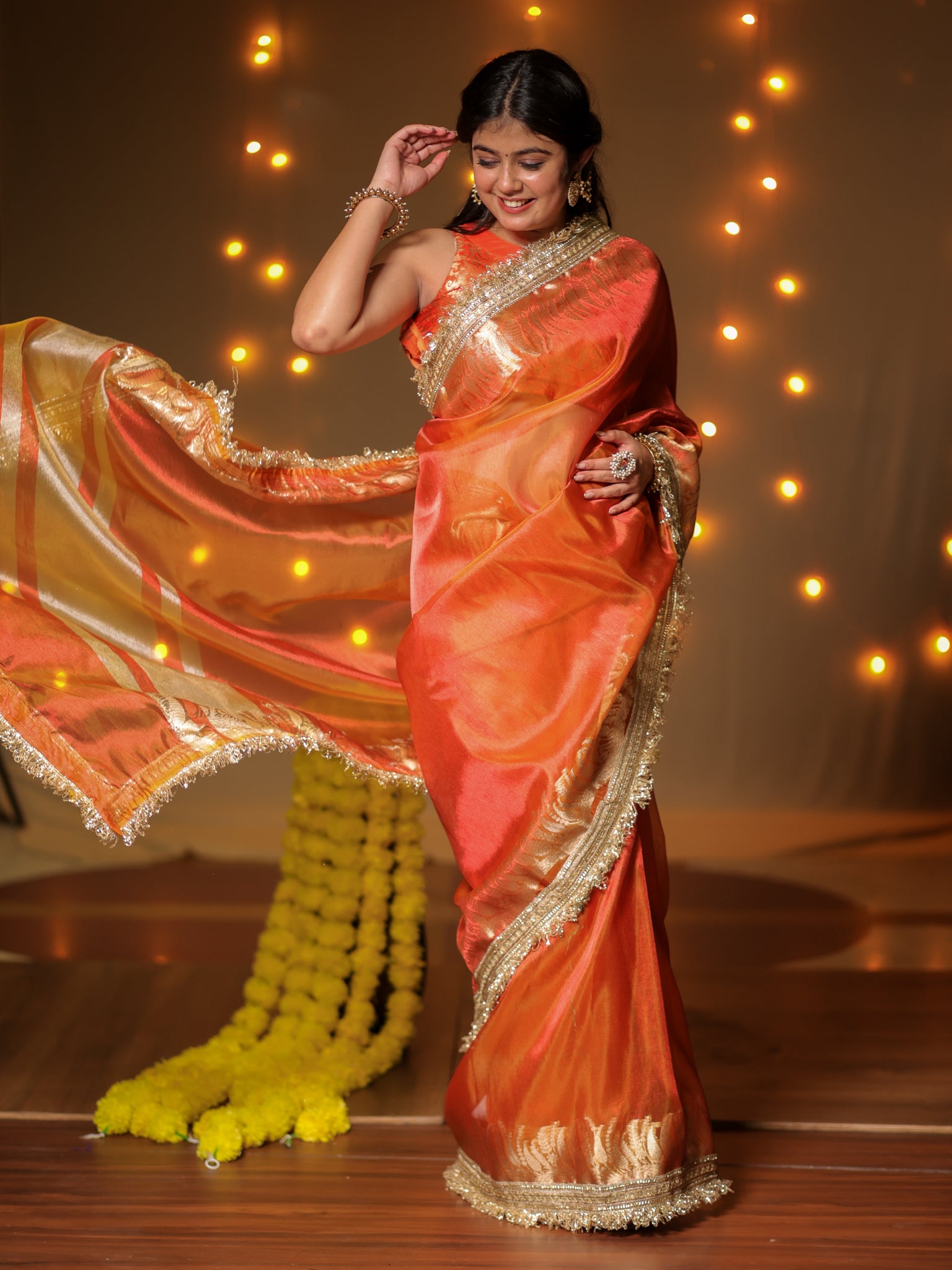 Banarasi Tissue Saree With Zari Weaving & Lace Border - Orange