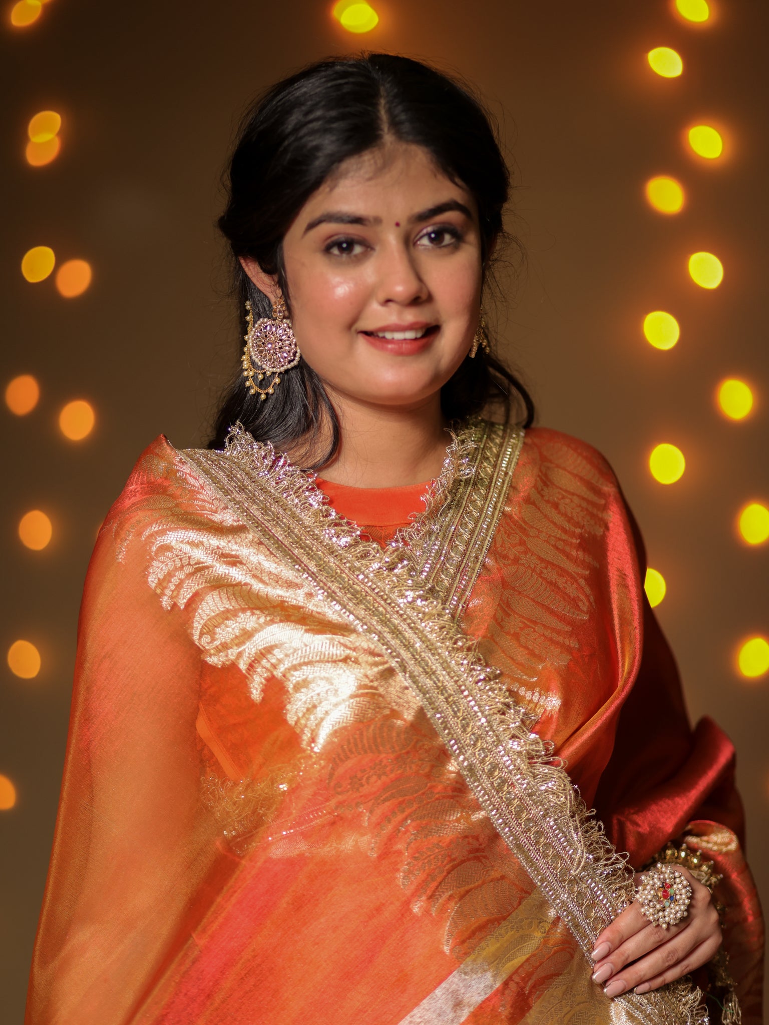 Banarasi Tissue Saree With Zari Weaving & Lace Border - Orange