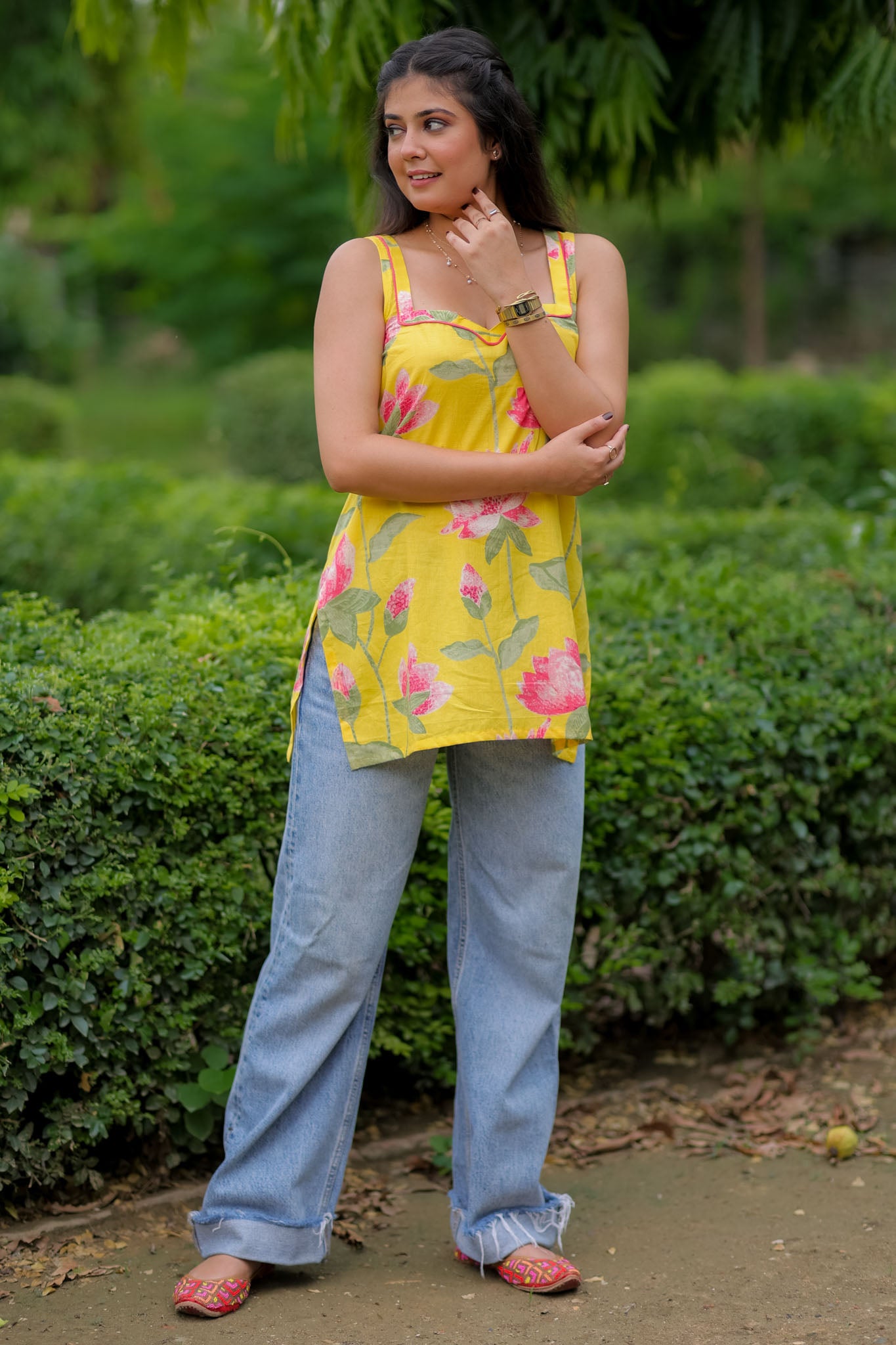 Readymade Deep Back Tassel Short Kurti-Yellow